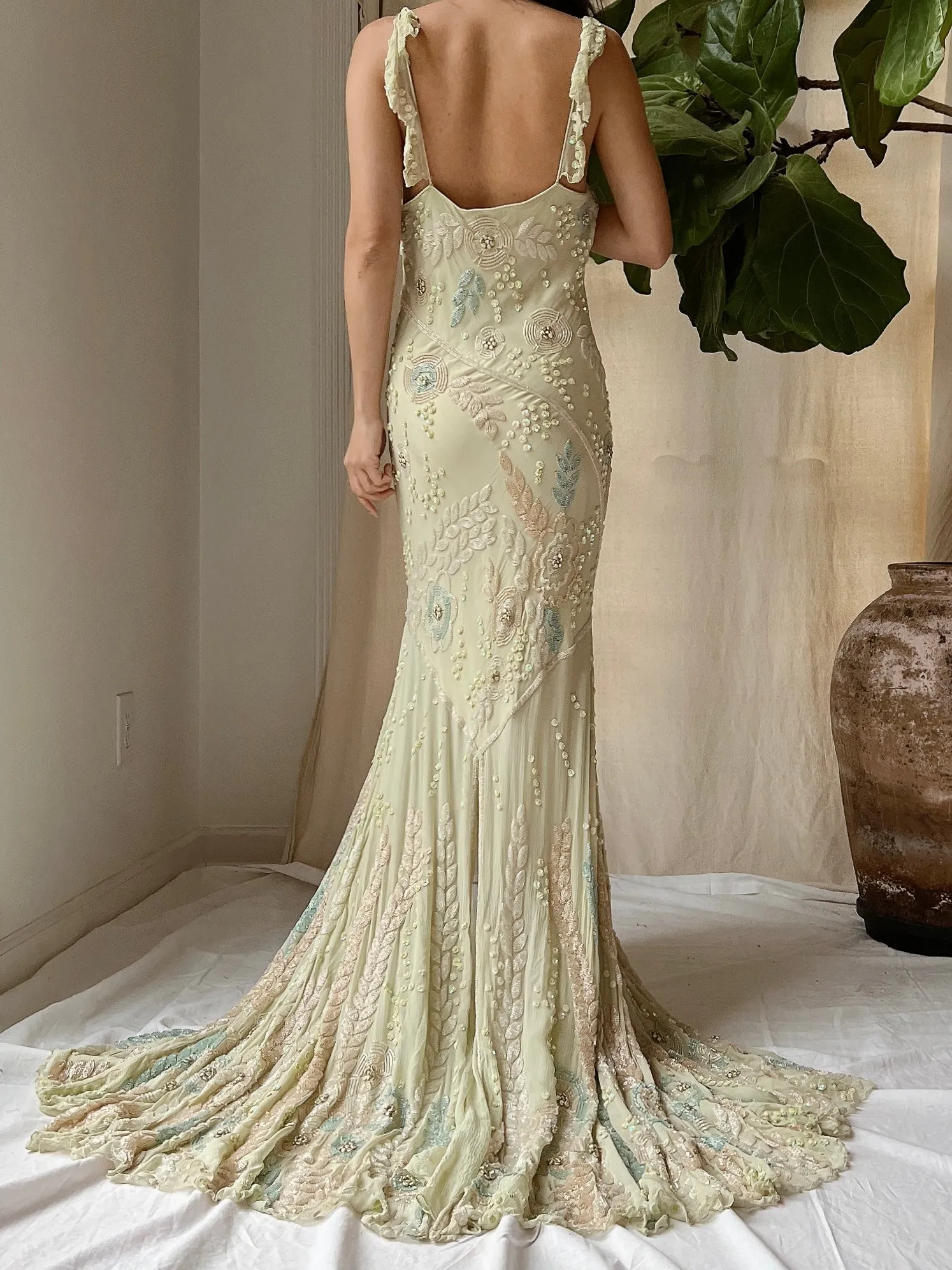 Vintage Couture Eavis and Brown Silk Handbeaded Gown - M/L