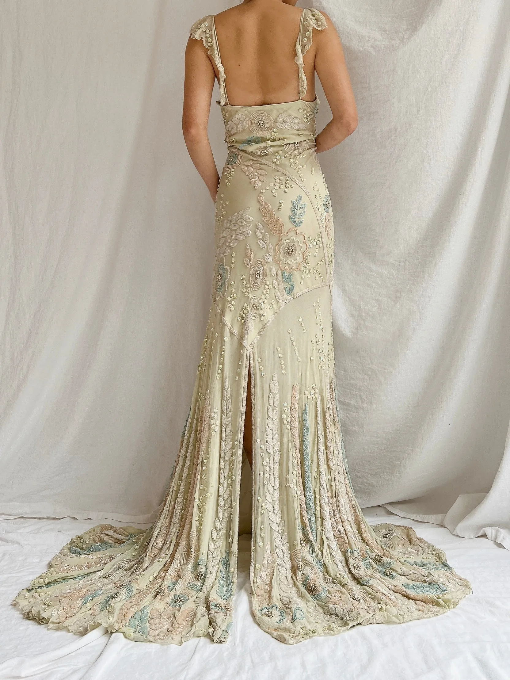 Vintage Couture Eavis and Brown Silk Handbeaded Gown - M/L