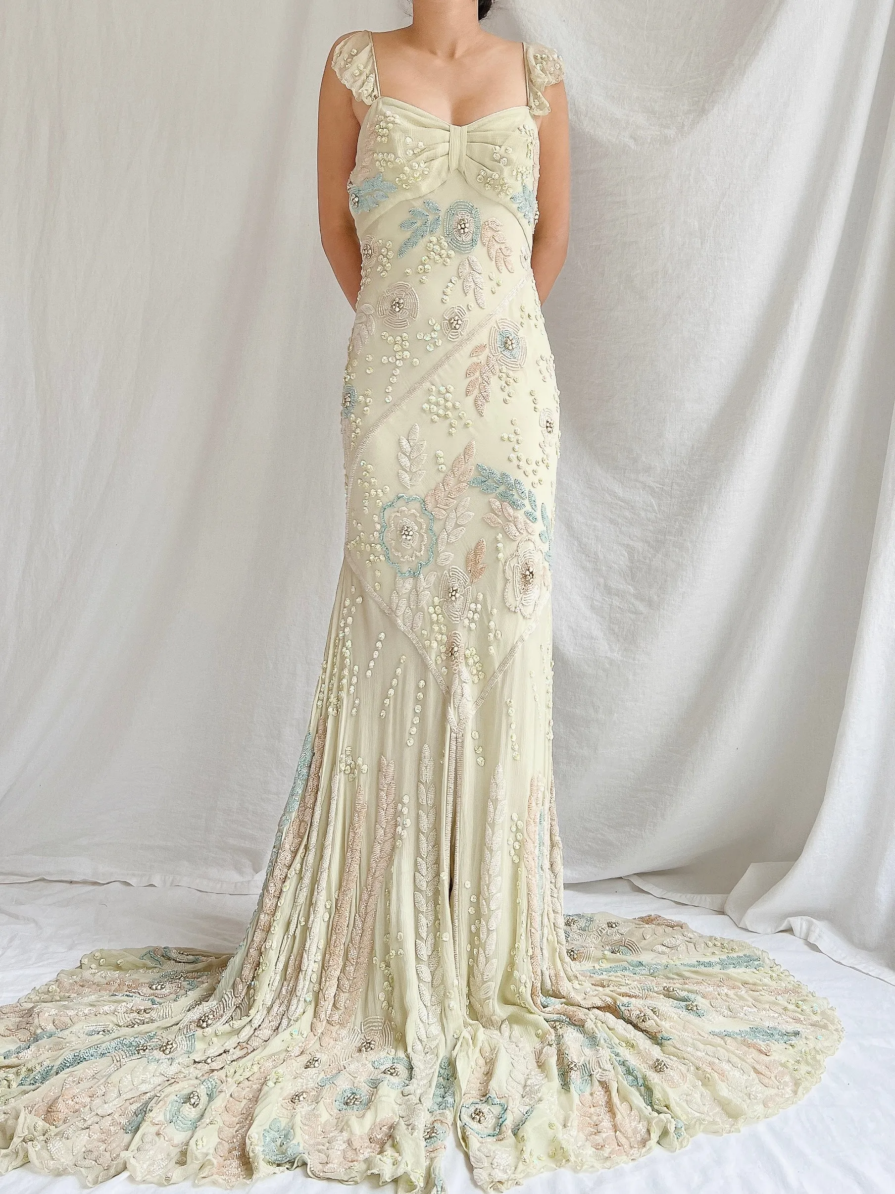 Vintage Couture Eavis and Brown Silk Handbeaded Gown - M/L