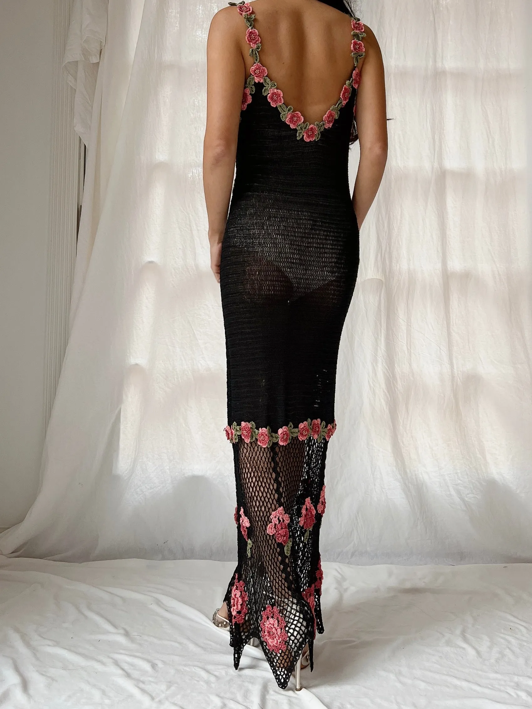 Vintage Crochet Dress with Floral Details - M