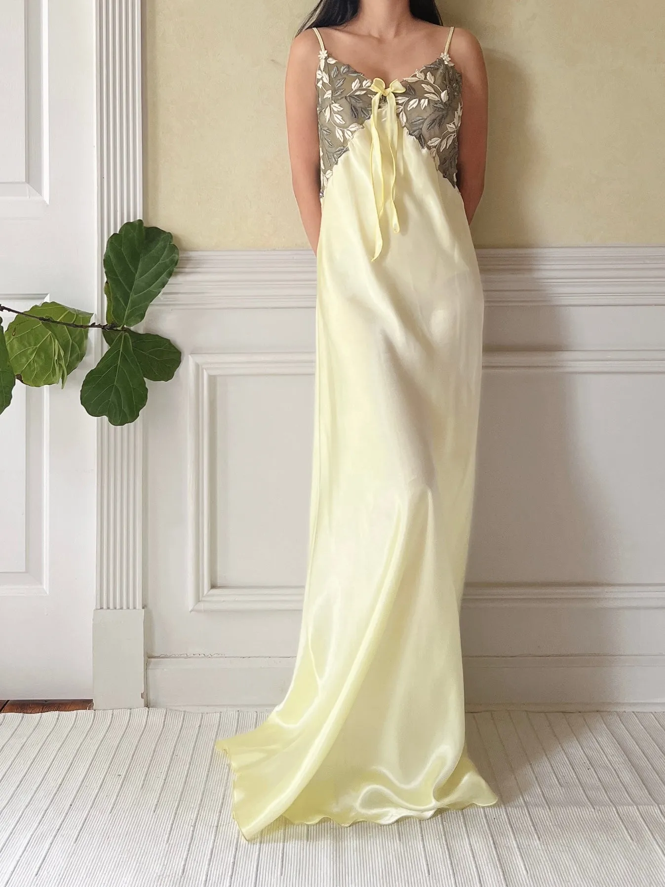 Vintage Lime Green Satin Slip Dress - M