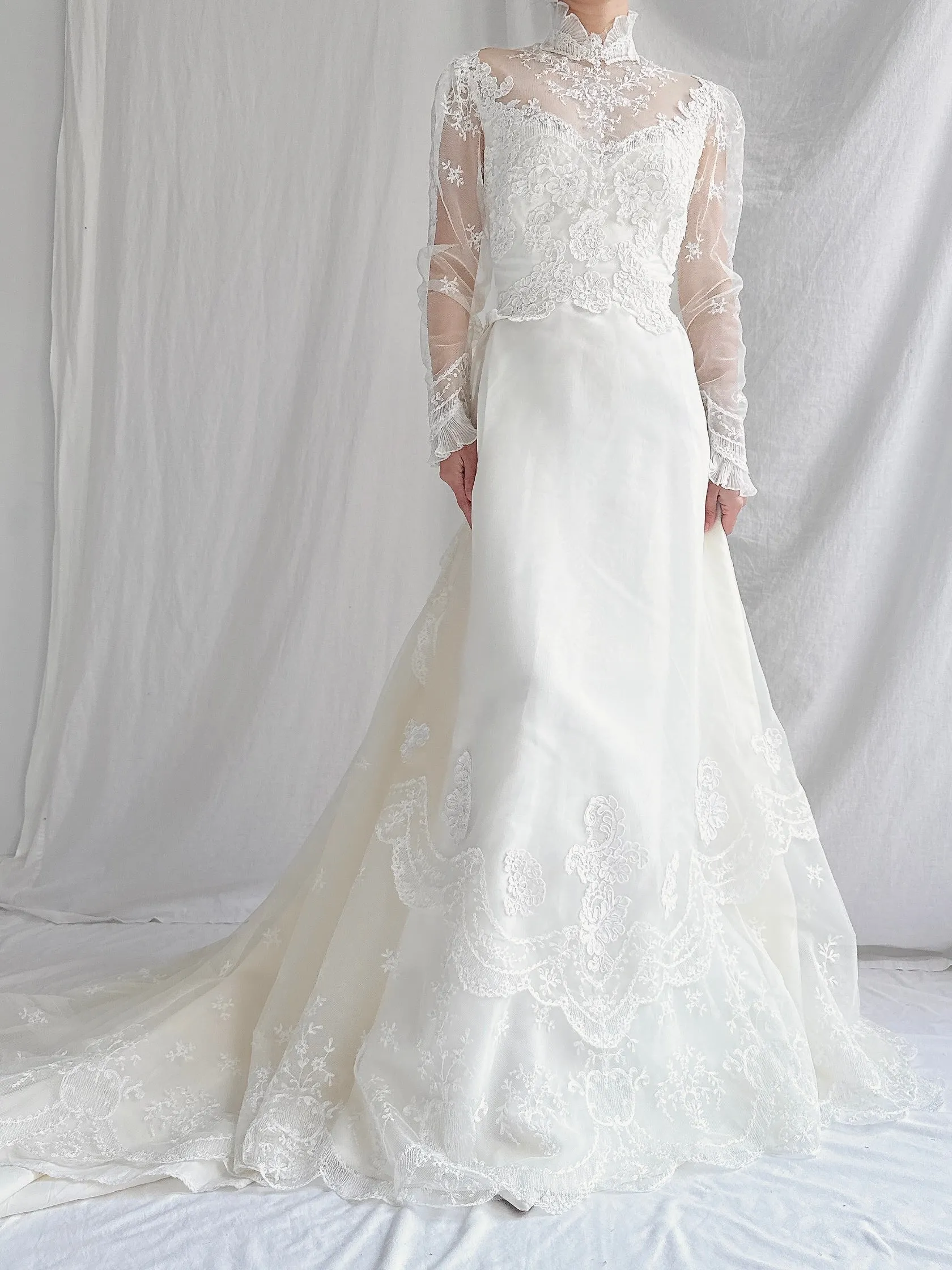 Vintage Long Sleeves Embroidered Voile Gown - XS