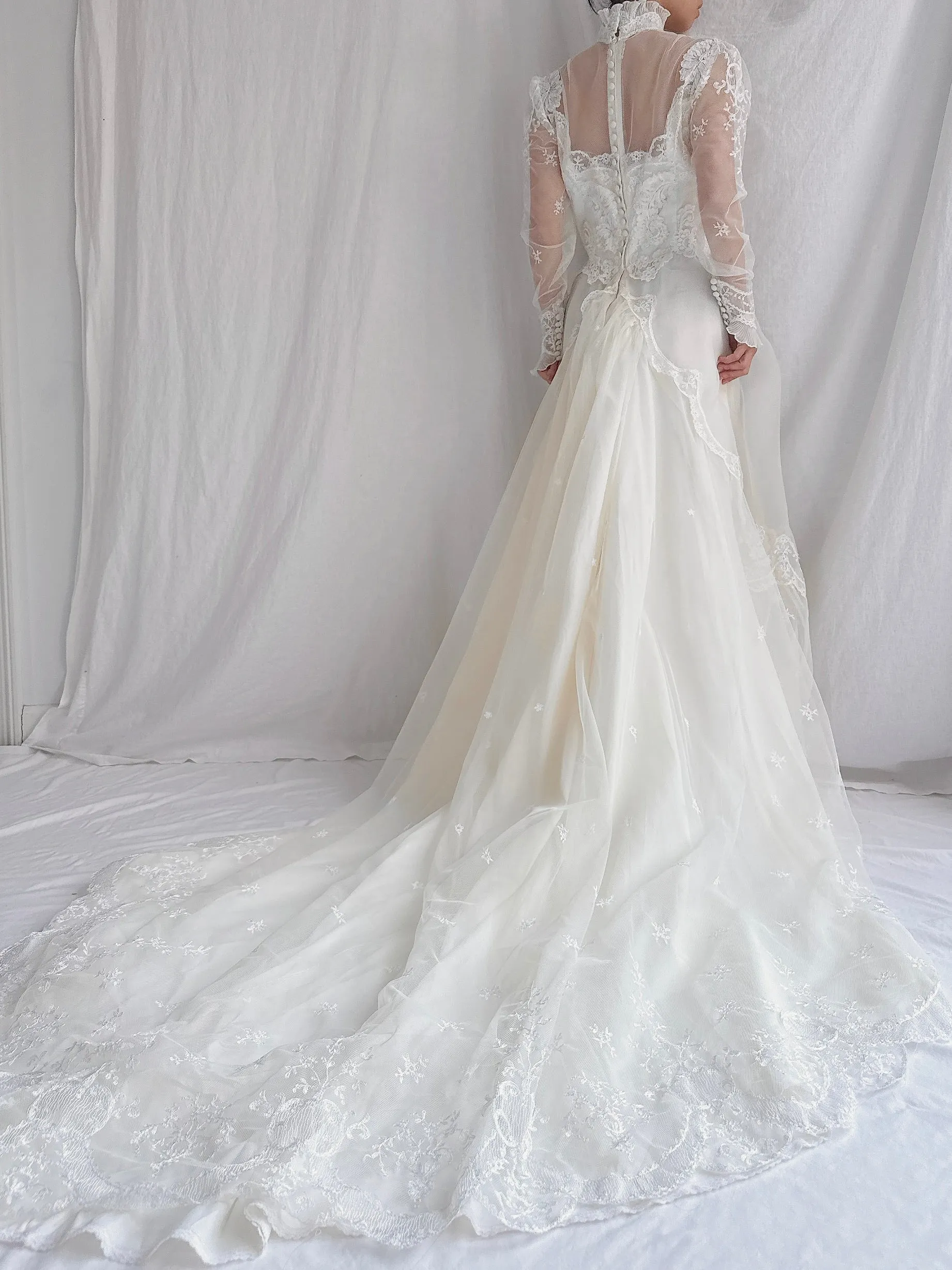 Vintage Long Sleeves Embroidered Voile Gown - XS