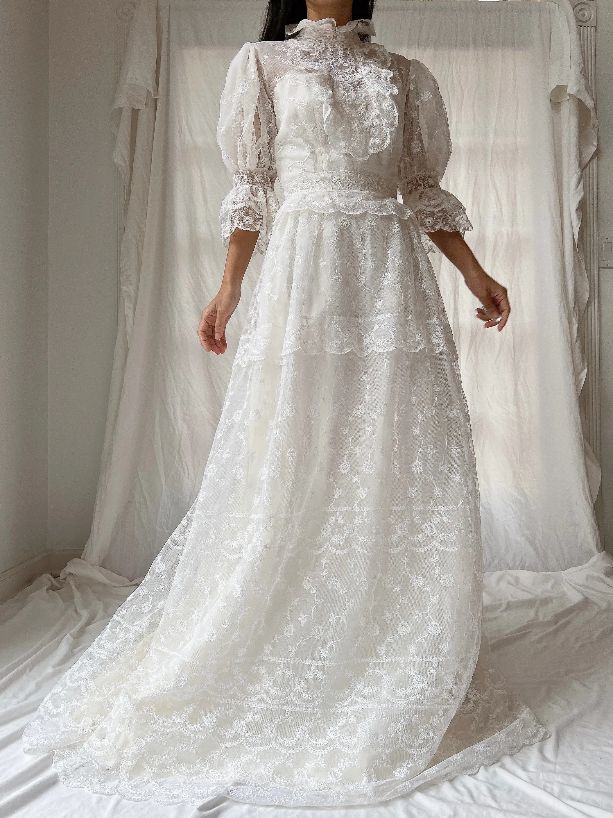 Vintage Needle Lace Puff Sleeve Gown - S