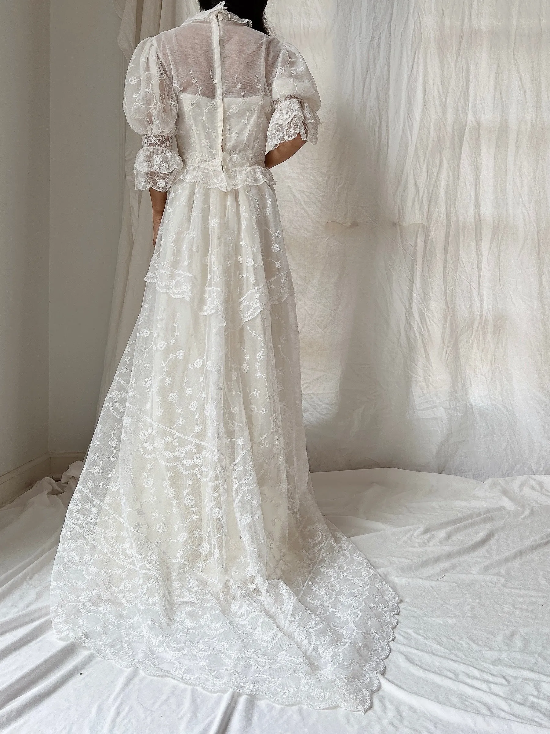 Vintage Needle Lace Puff Sleeve Gown - S