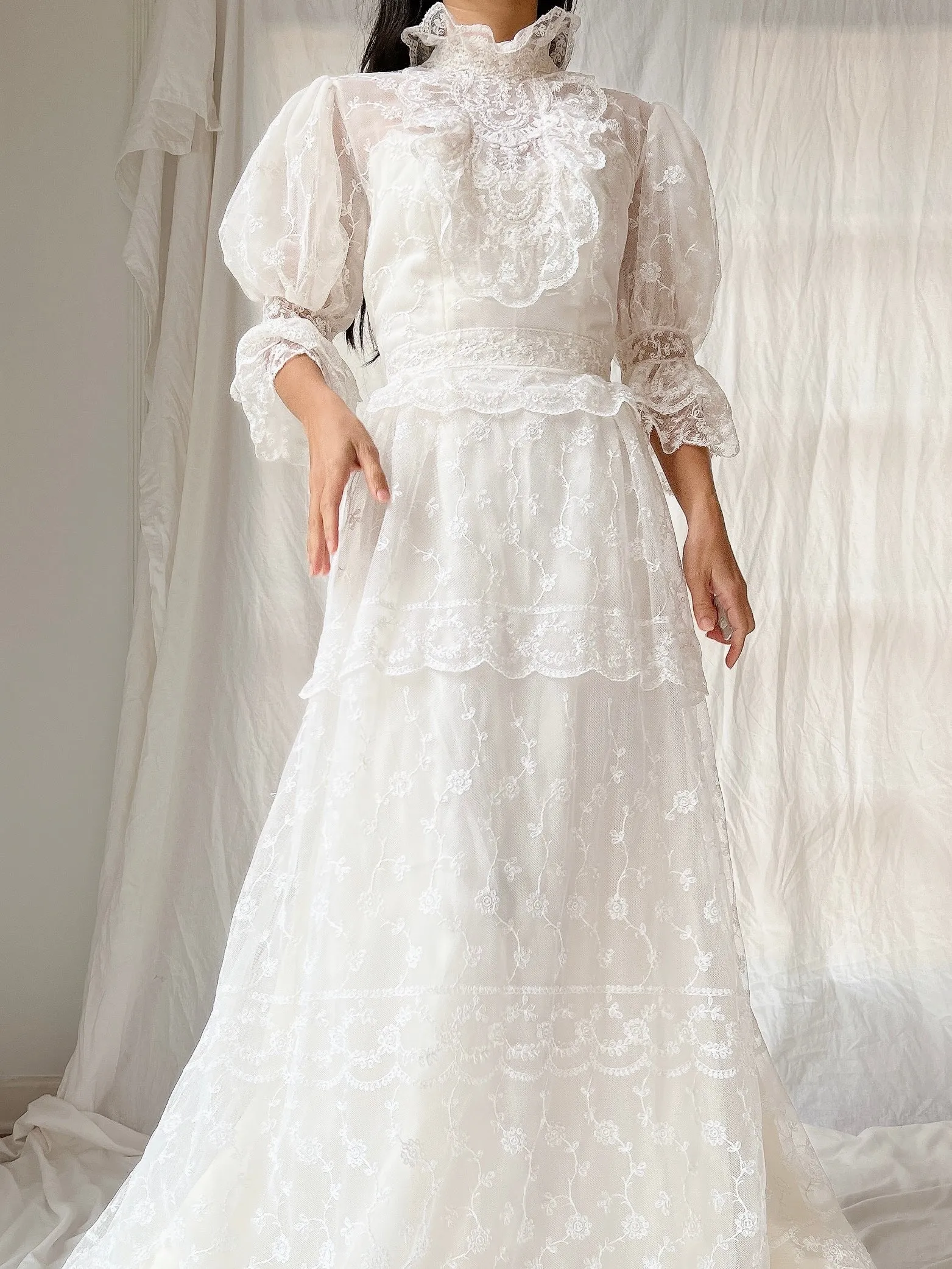 Vintage Needle Lace Puff Sleeve Gown - S