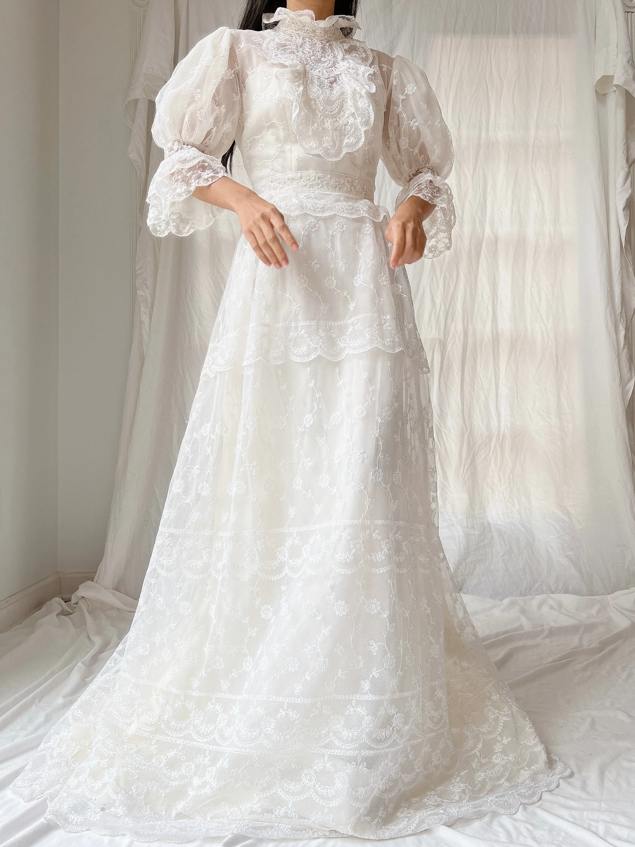 Vintage Needle Lace Puff Sleeve Gown - S