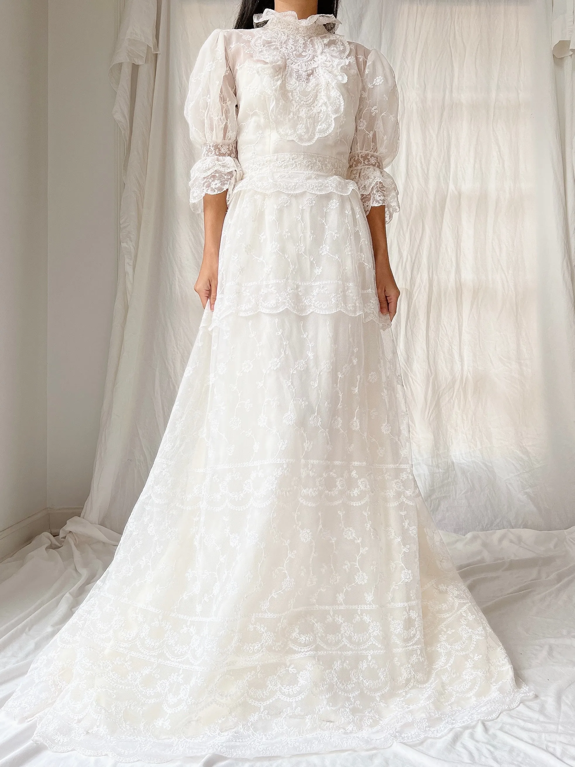 Vintage Needle Lace Puff Sleeve Gown - S