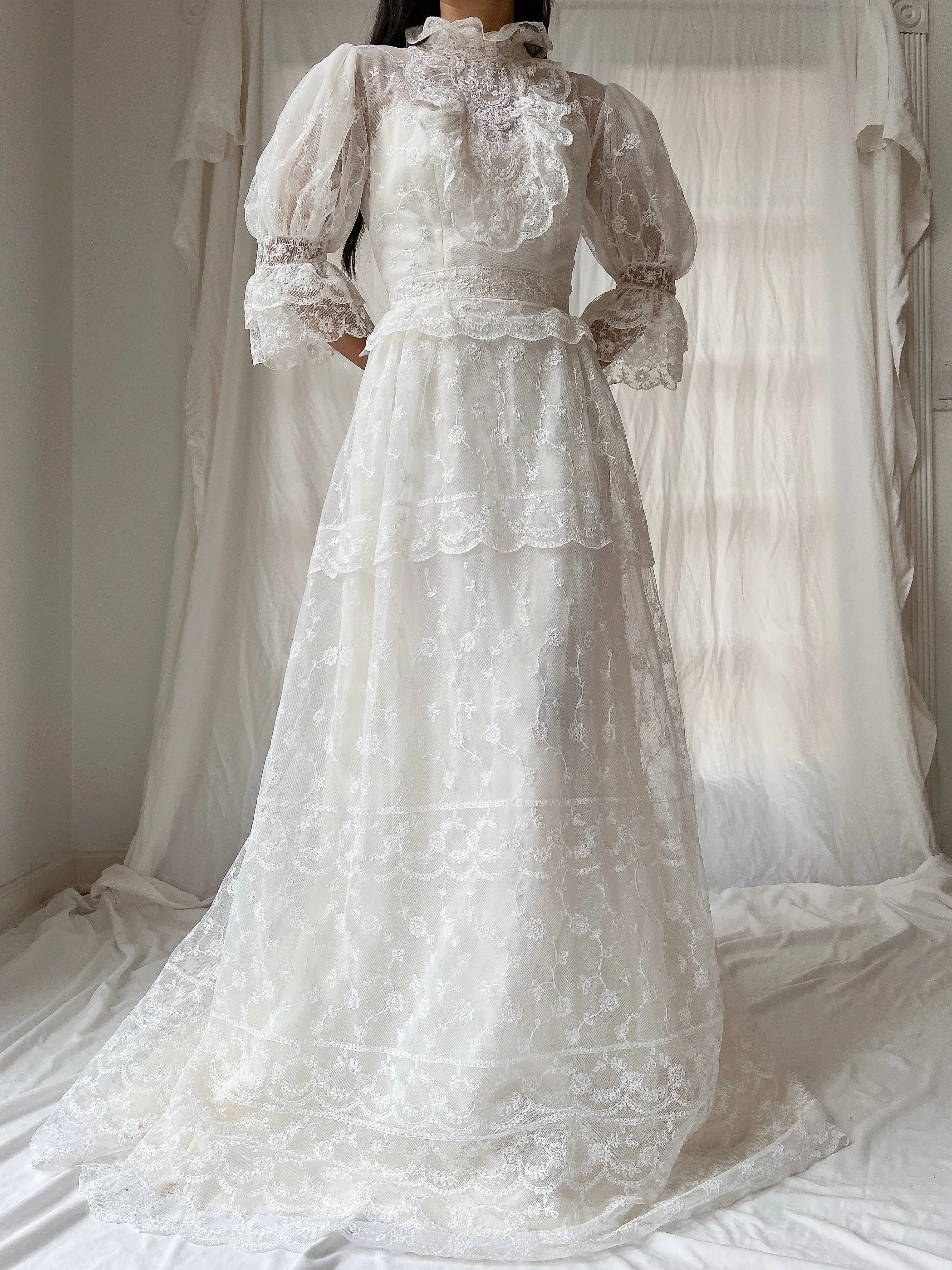 Vintage Needle Lace Puff Sleeve Gown - S
