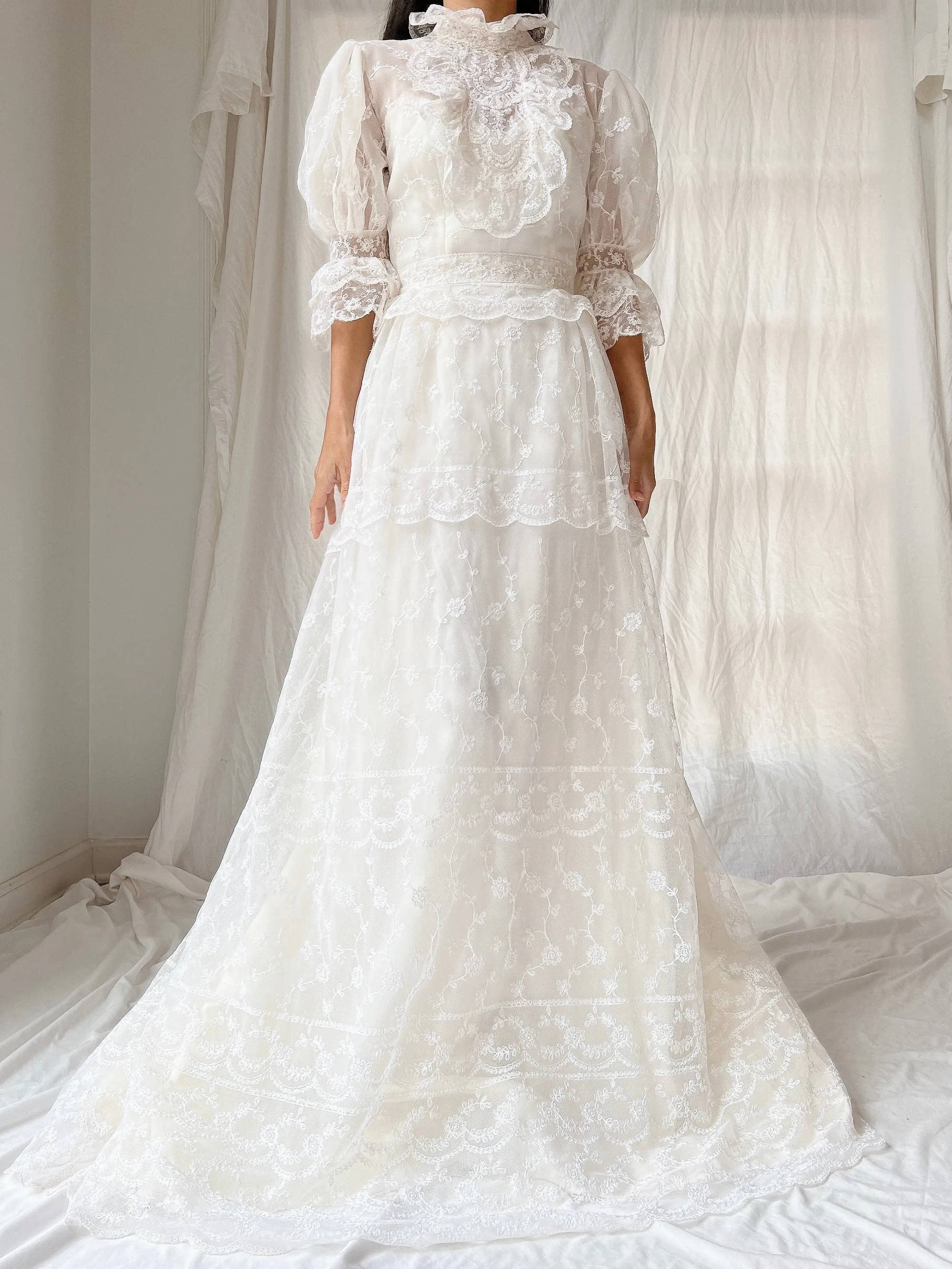 Vintage Needle Lace Puff Sleeve Gown - S
