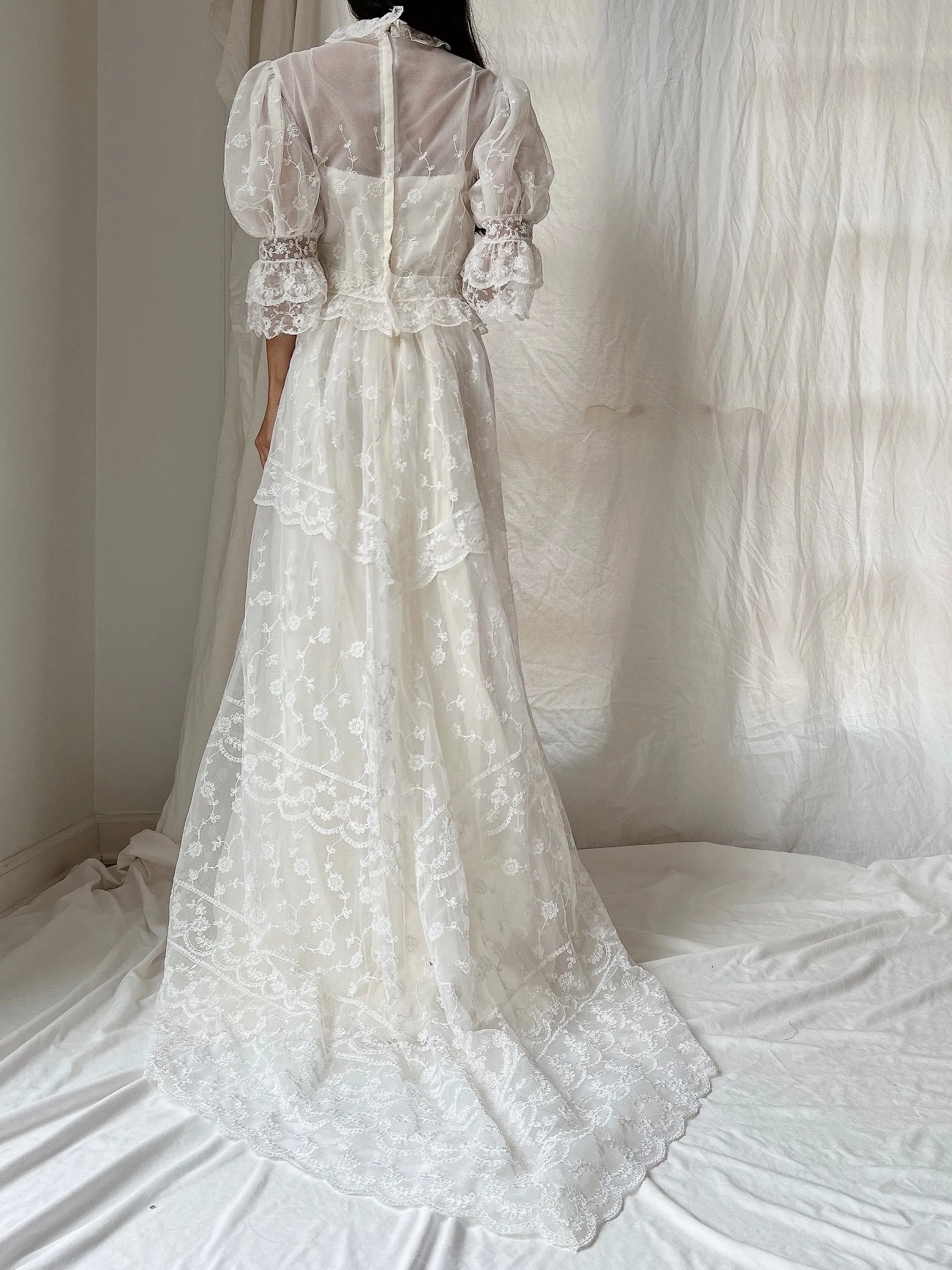 Vintage Needle Lace Puff Sleeve Gown - S