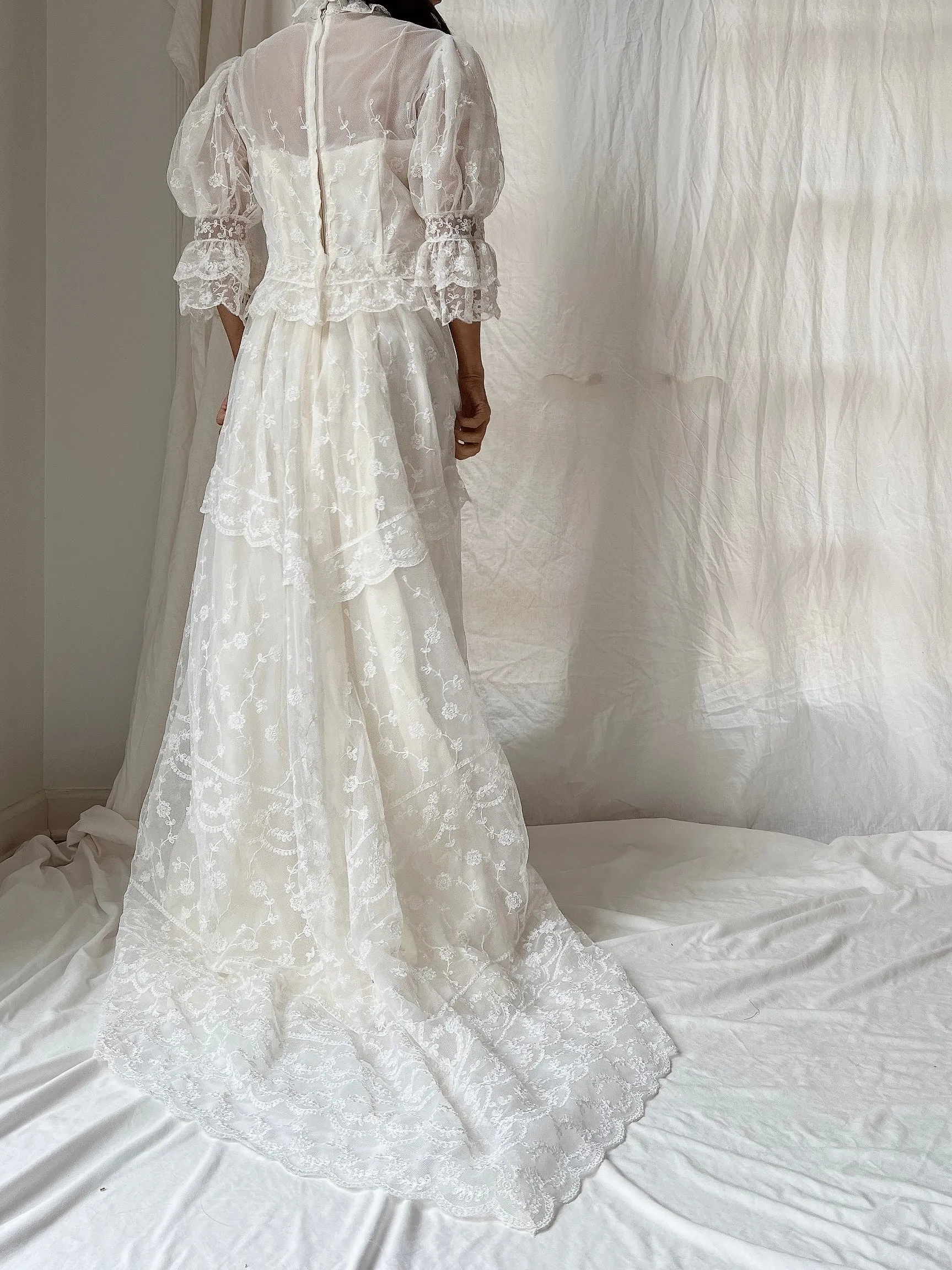 Vintage Needle Lace Puff Sleeve Gown - S