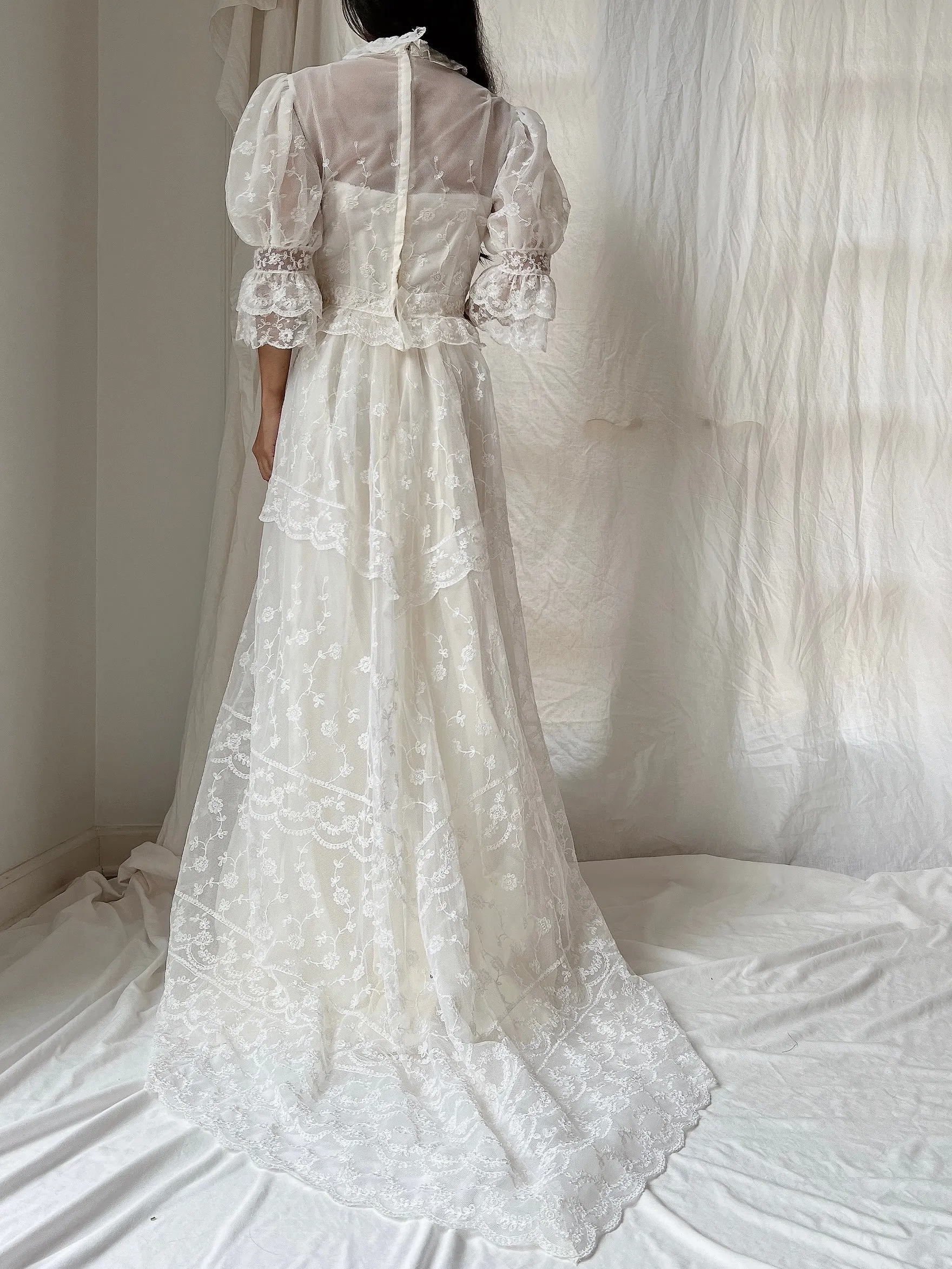 Vintage Needle Lace Puff Sleeve Gown - S