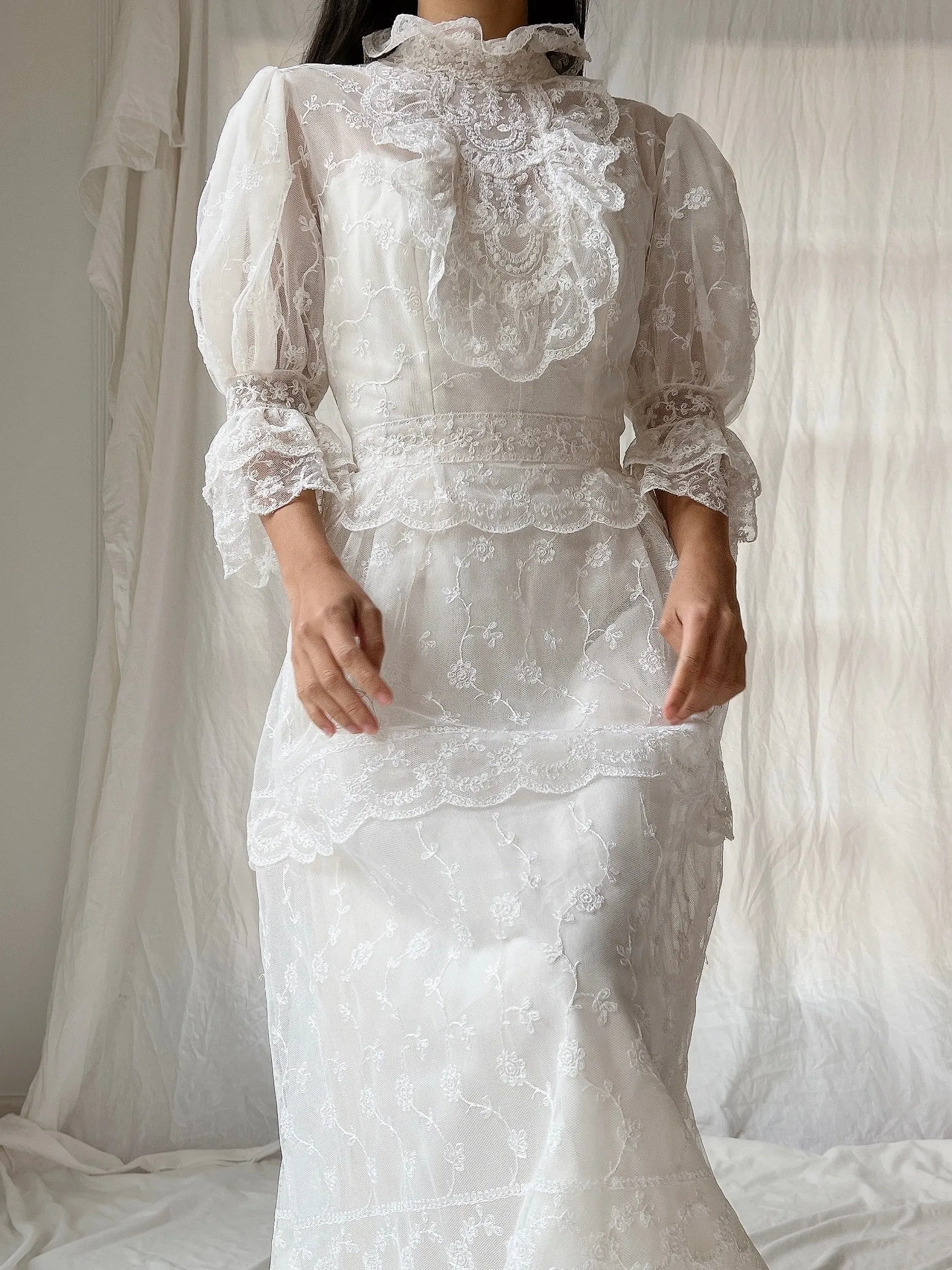Vintage Needle Lace Puff Sleeve Gown - S