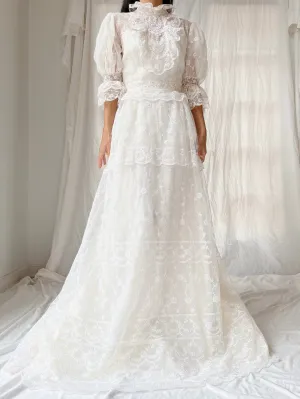 Vintage Needle Lace Puff Sleeve Gown - S