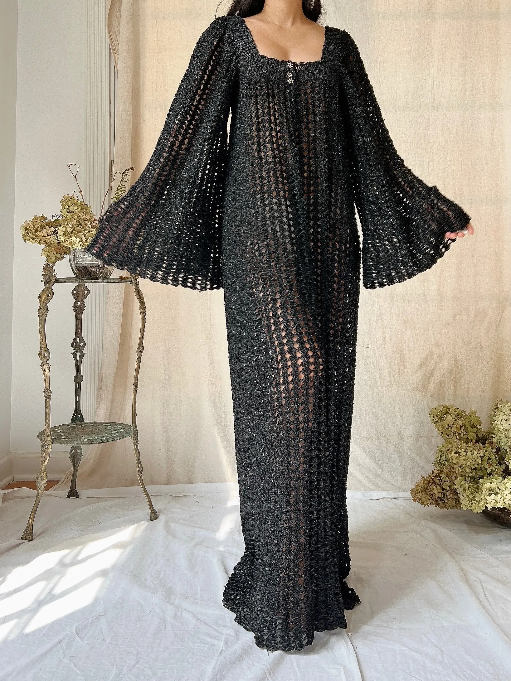 Vintage OOAK Shimmer Hand-Crochet Angel Sleeve Gown - S/M