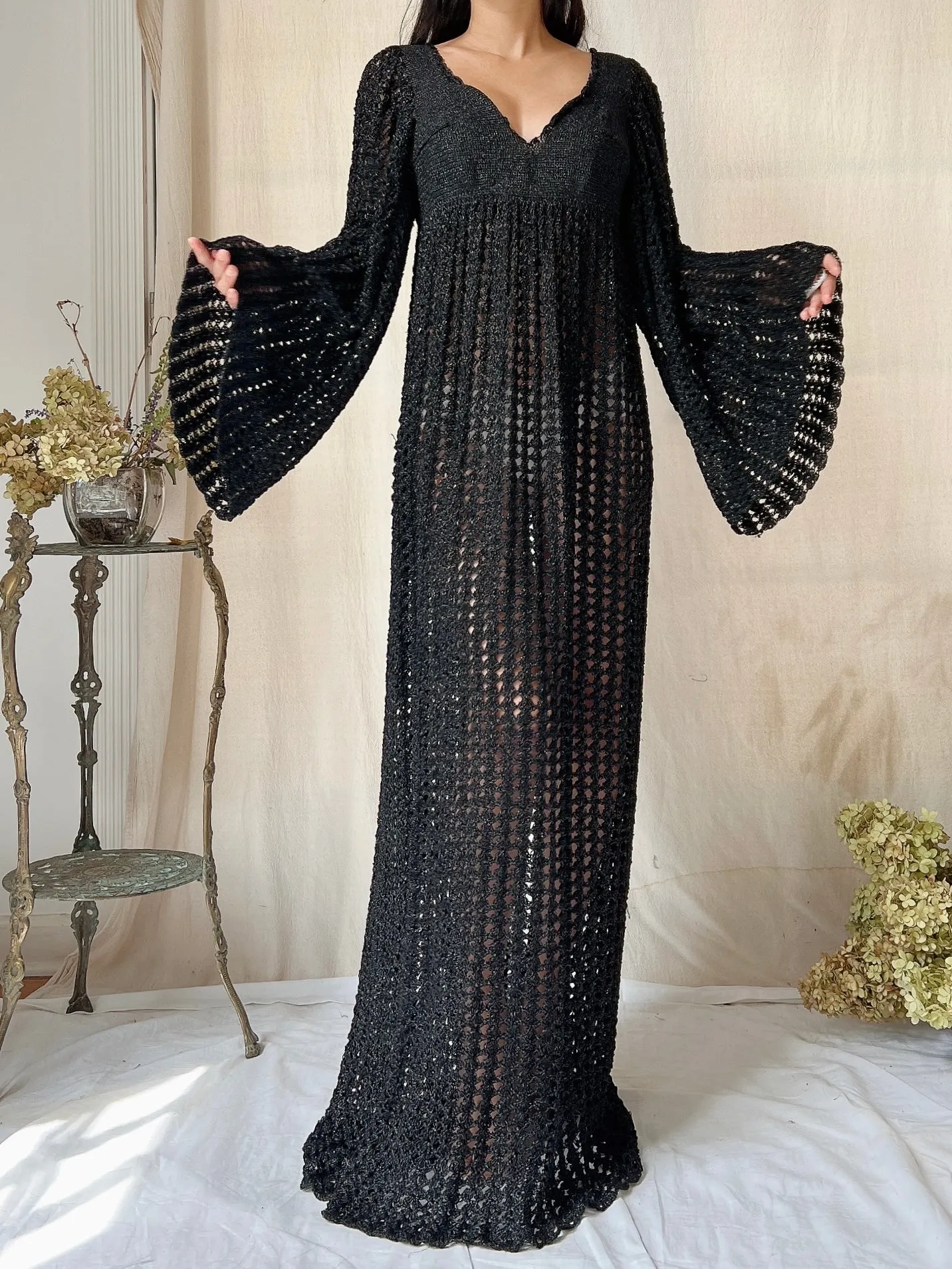 Vintage OOAK Shimmer Hand-Crochet Angel Sleeve Gown - S/M