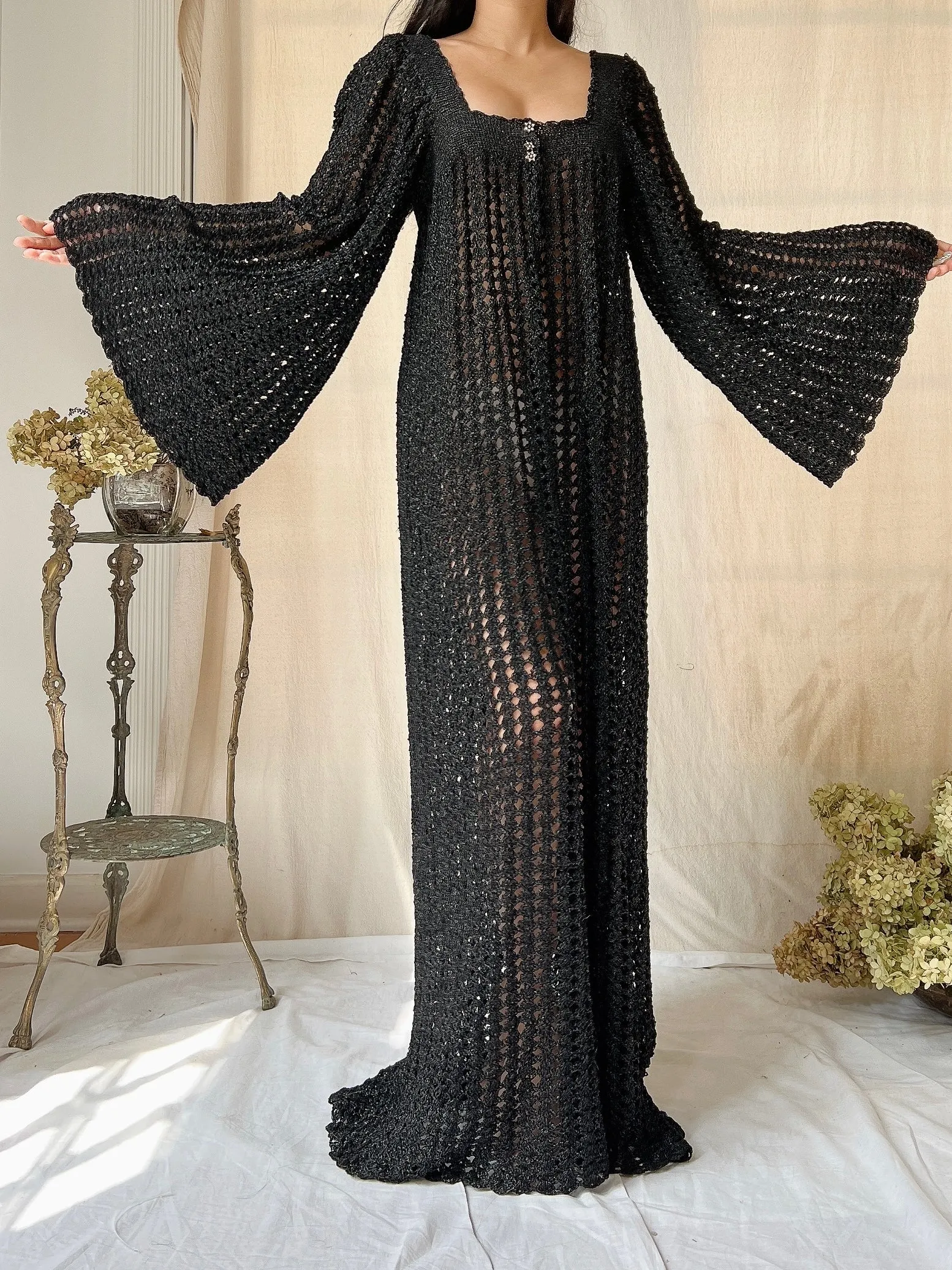 Vintage OOAK Shimmer Hand-Crochet Angel Sleeve Gown - S/M