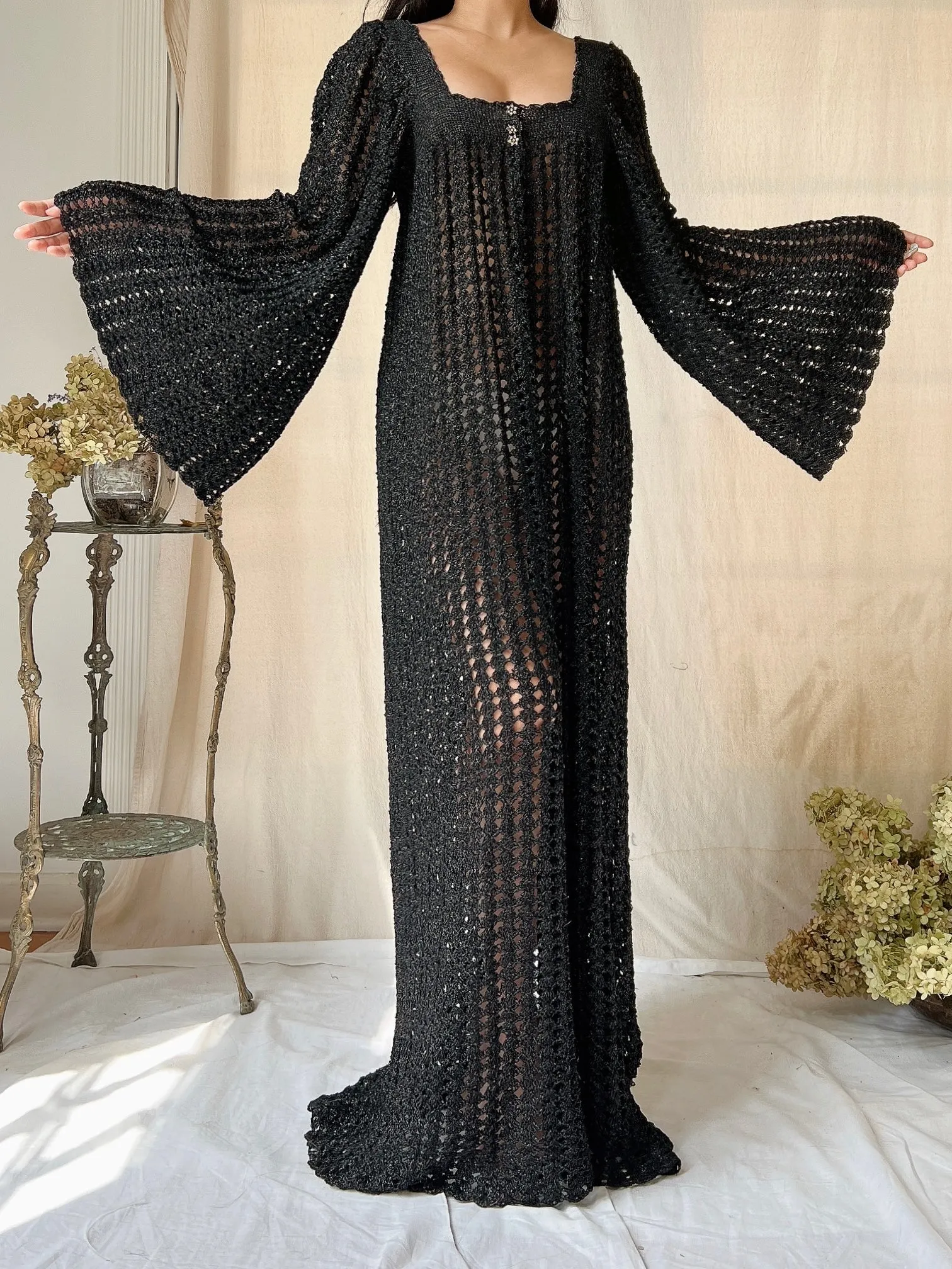 Vintage OOAK Shimmer Hand-Crochet Angel Sleeve Gown - S/M