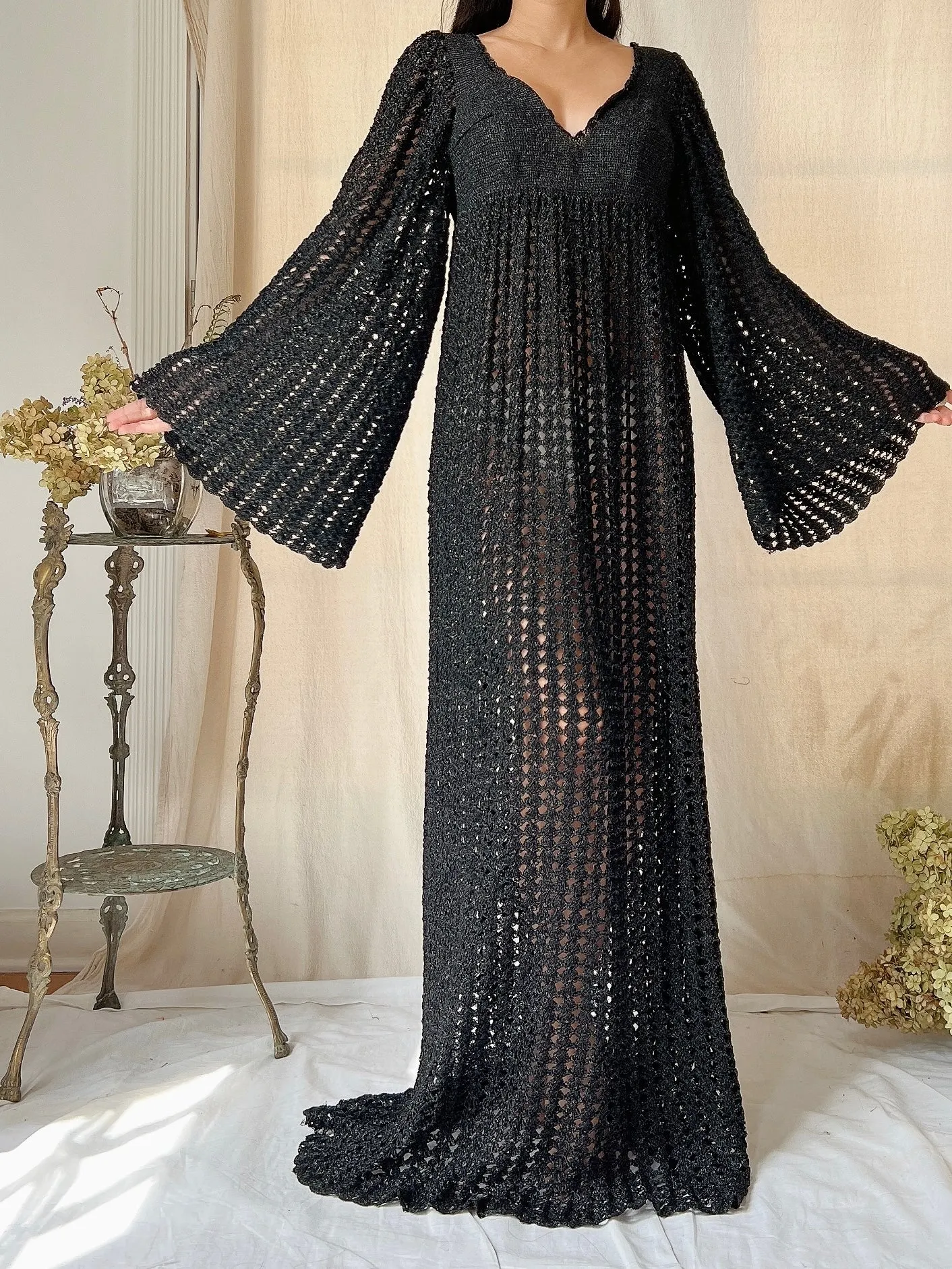 Vintage OOAK Shimmer Hand-Crochet Angel Sleeve Gown - S/M