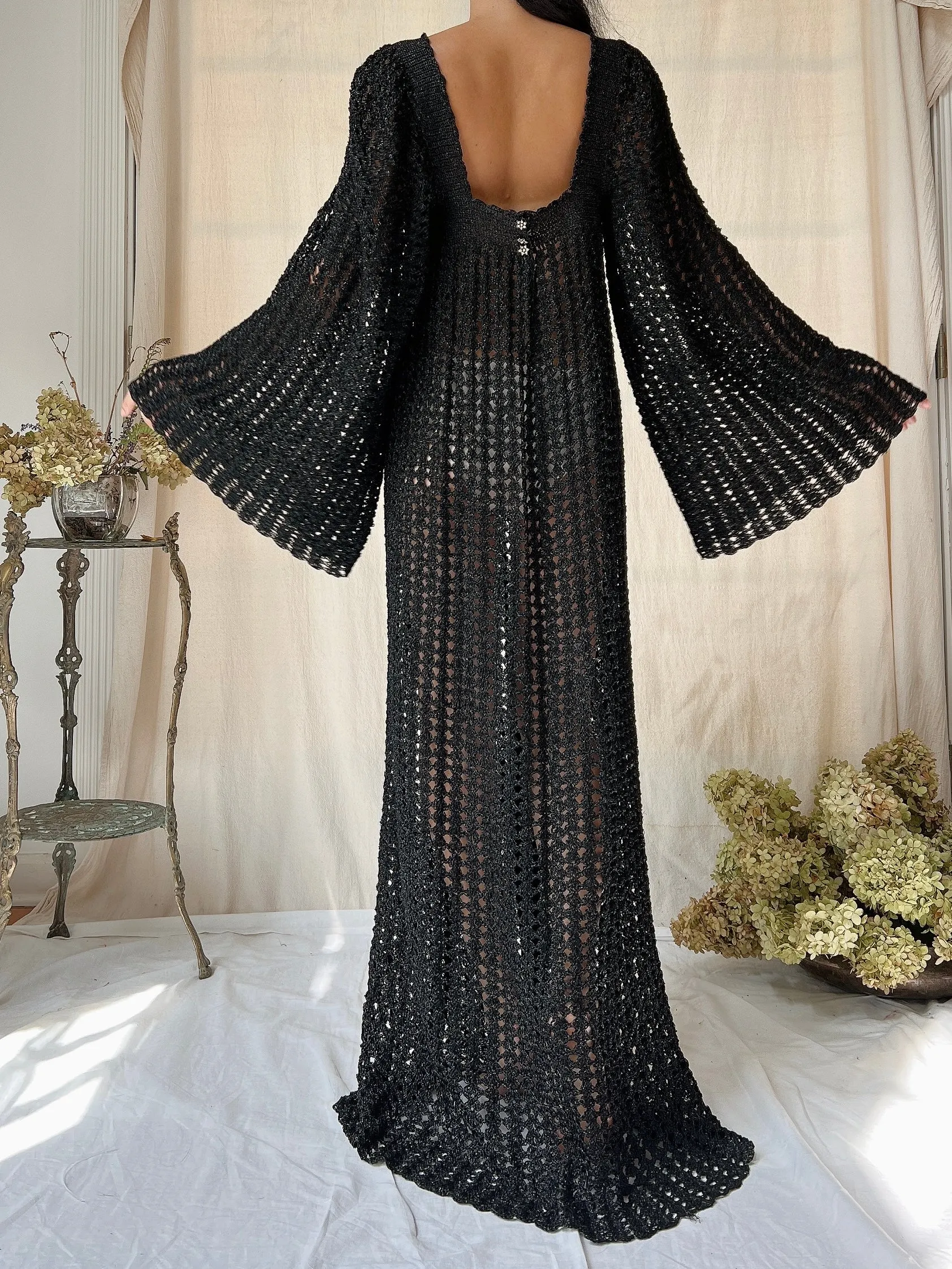 Vintage OOAK Shimmer Hand-Crochet Angel Sleeve Gown - S/M
