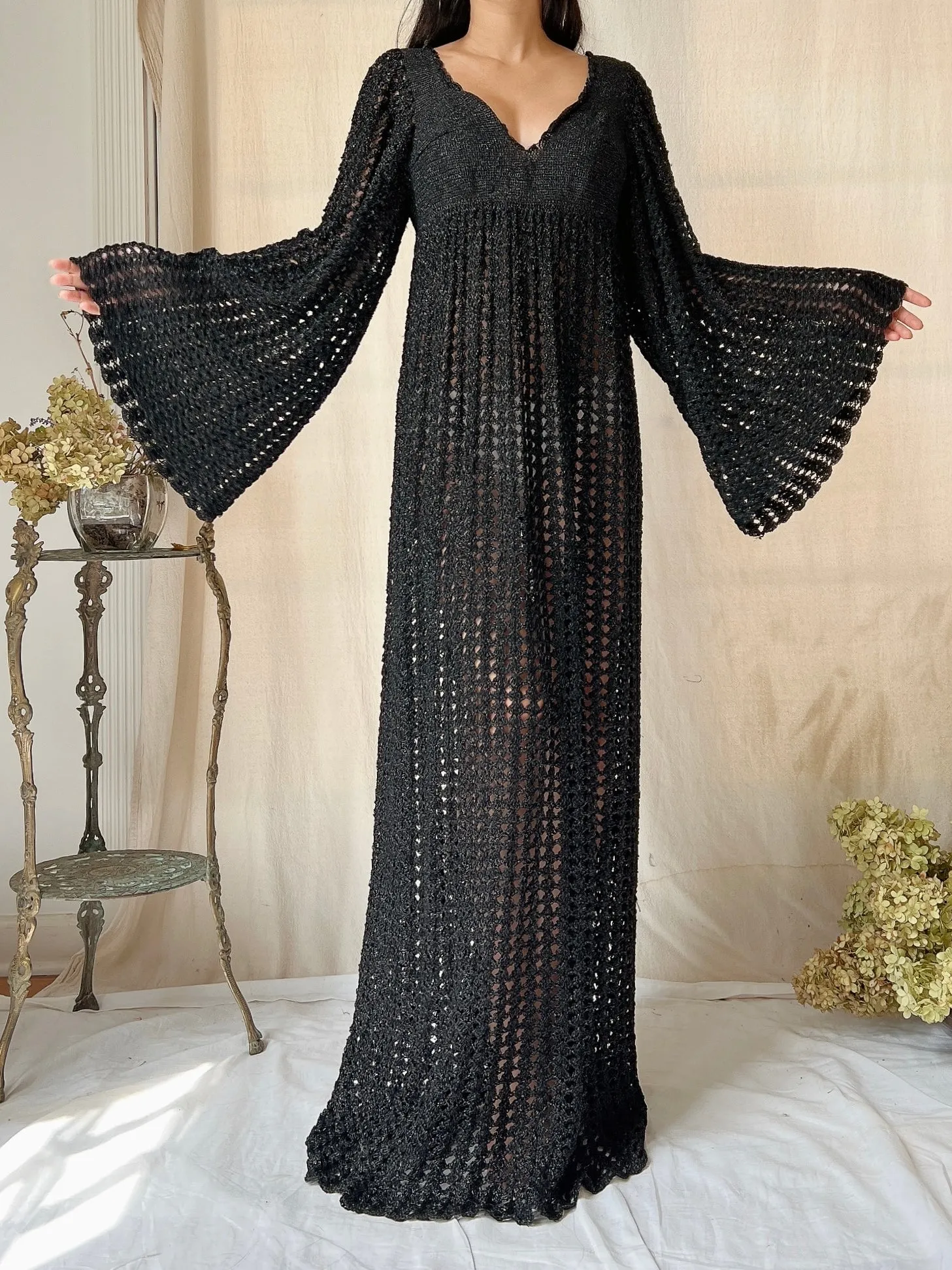 Vintage OOAK Shimmer Hand-Crochet Angel Sleeve Gown - S/M