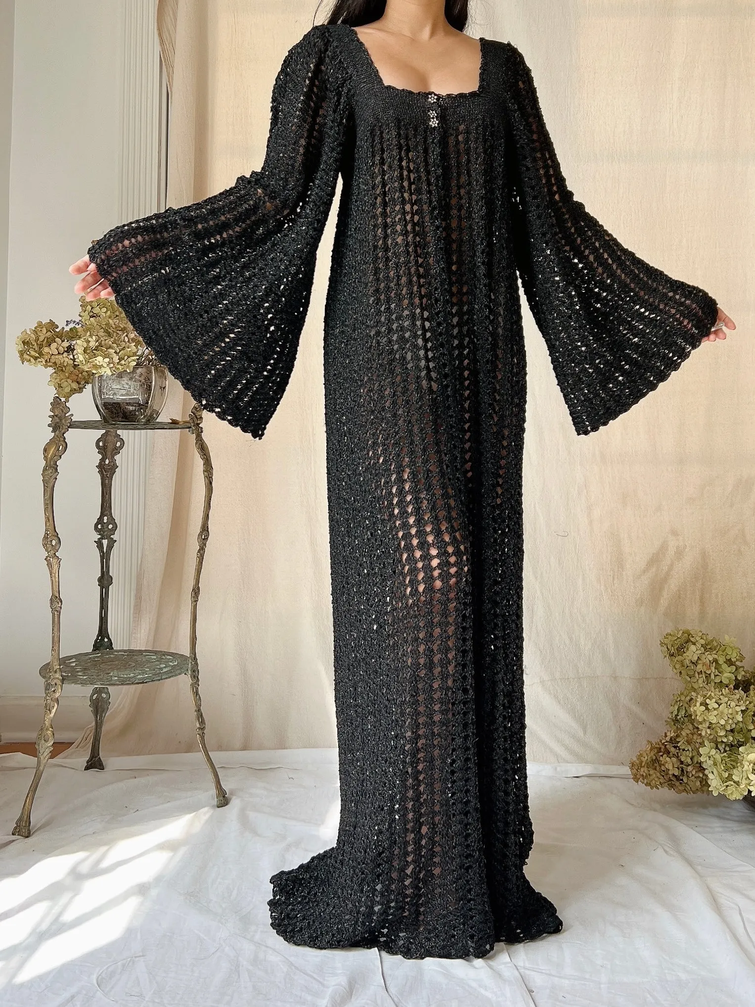Vintage OOAK Shimmer Hand-Crochet Angel Sleeve Gown - S/M