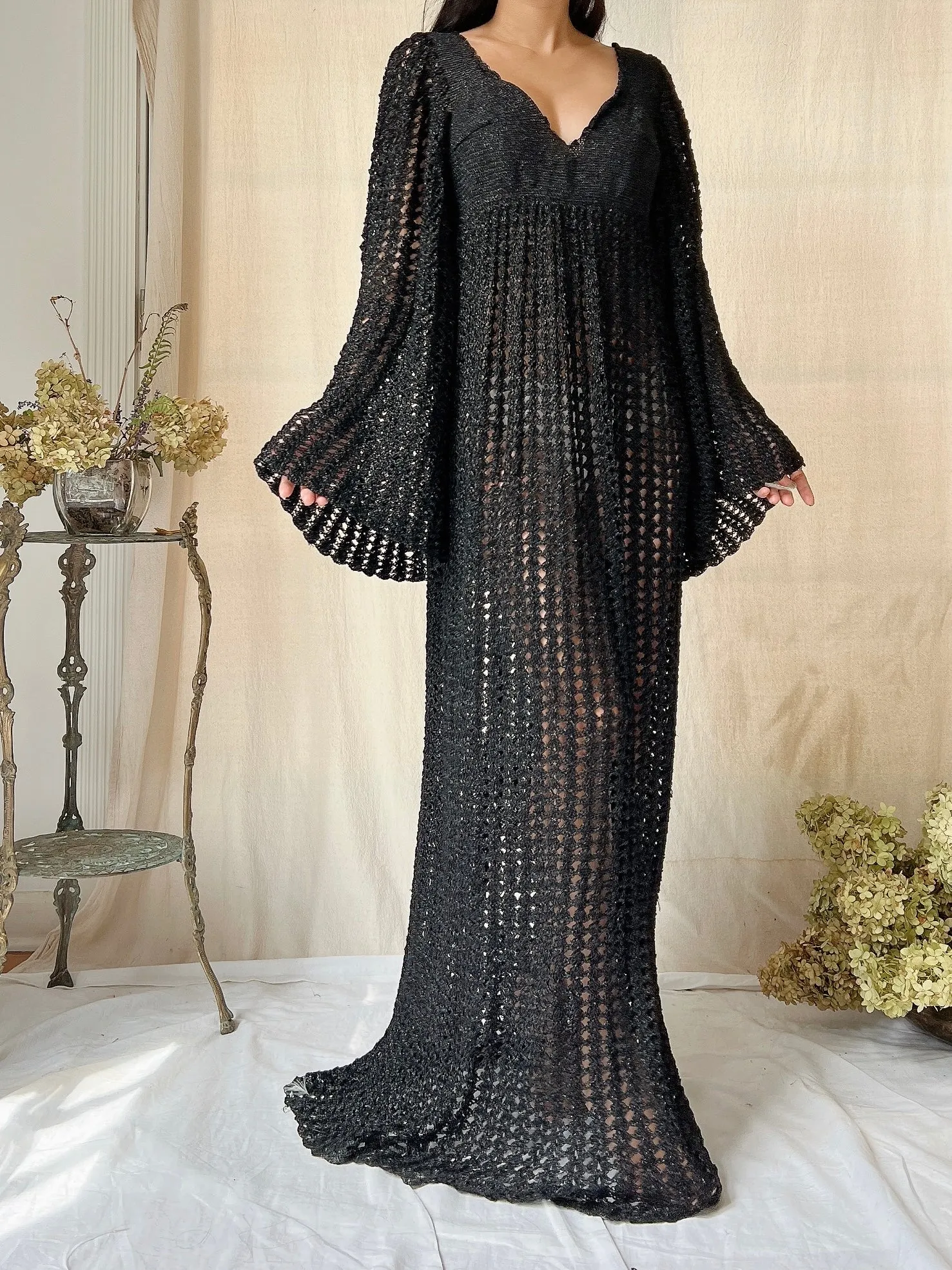Vintage OOAK Shimmer Hand-Crochet Angel Sleeve Gown - S/M