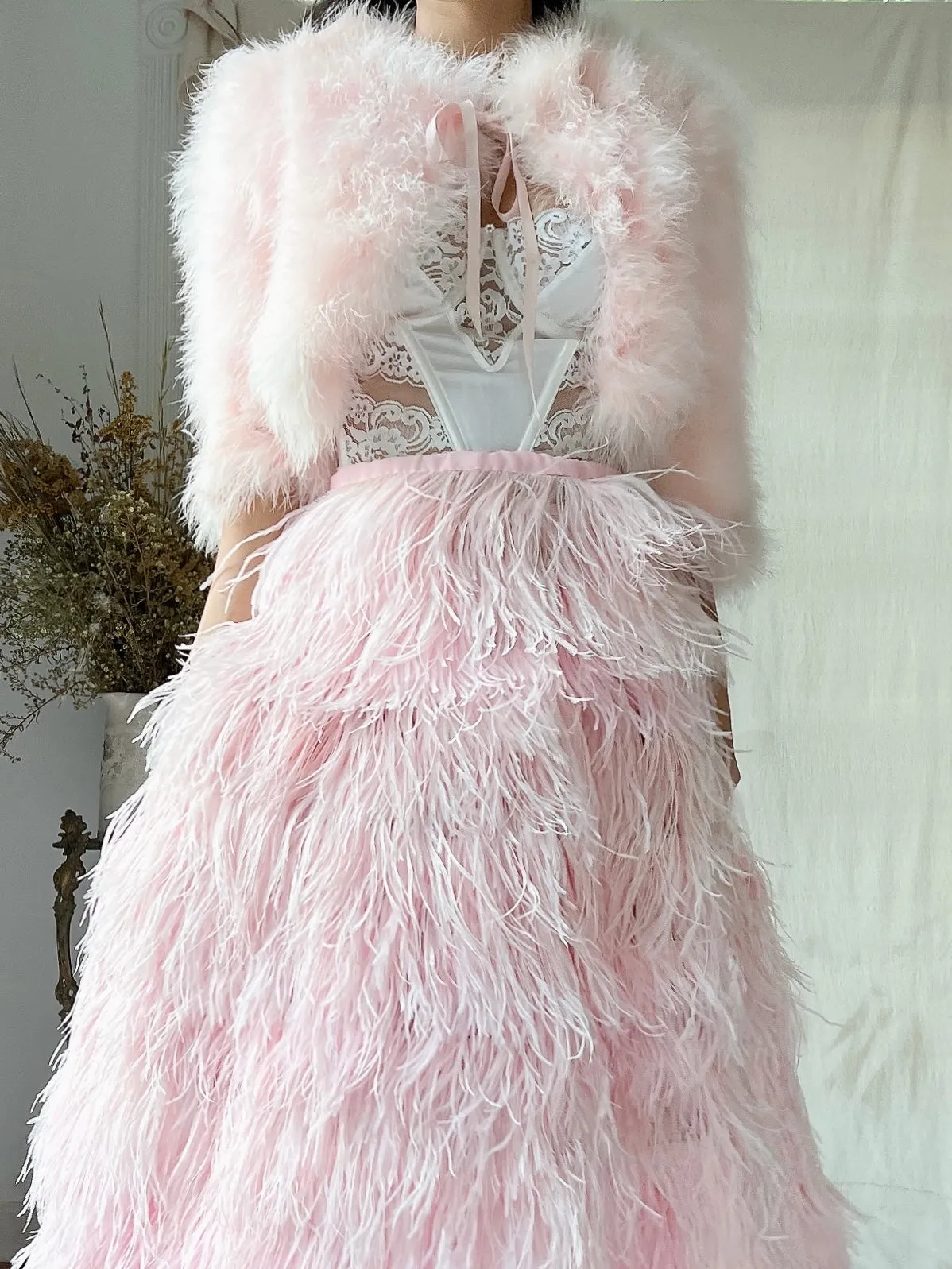 Vintage Pink Feather Cropped Jacket - XS/S
