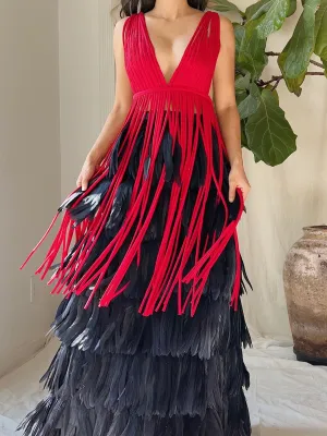 Vintage Red Tassel Plunging Tunic - M