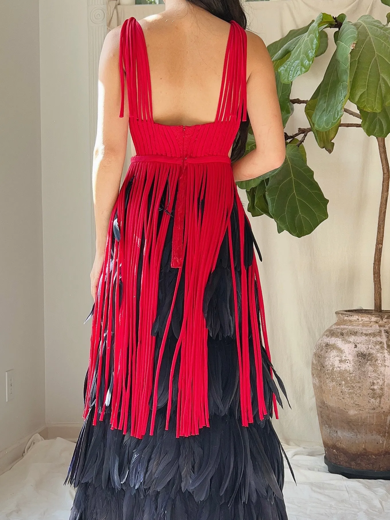 Vintage Red Tassel Plunging Tunic - M