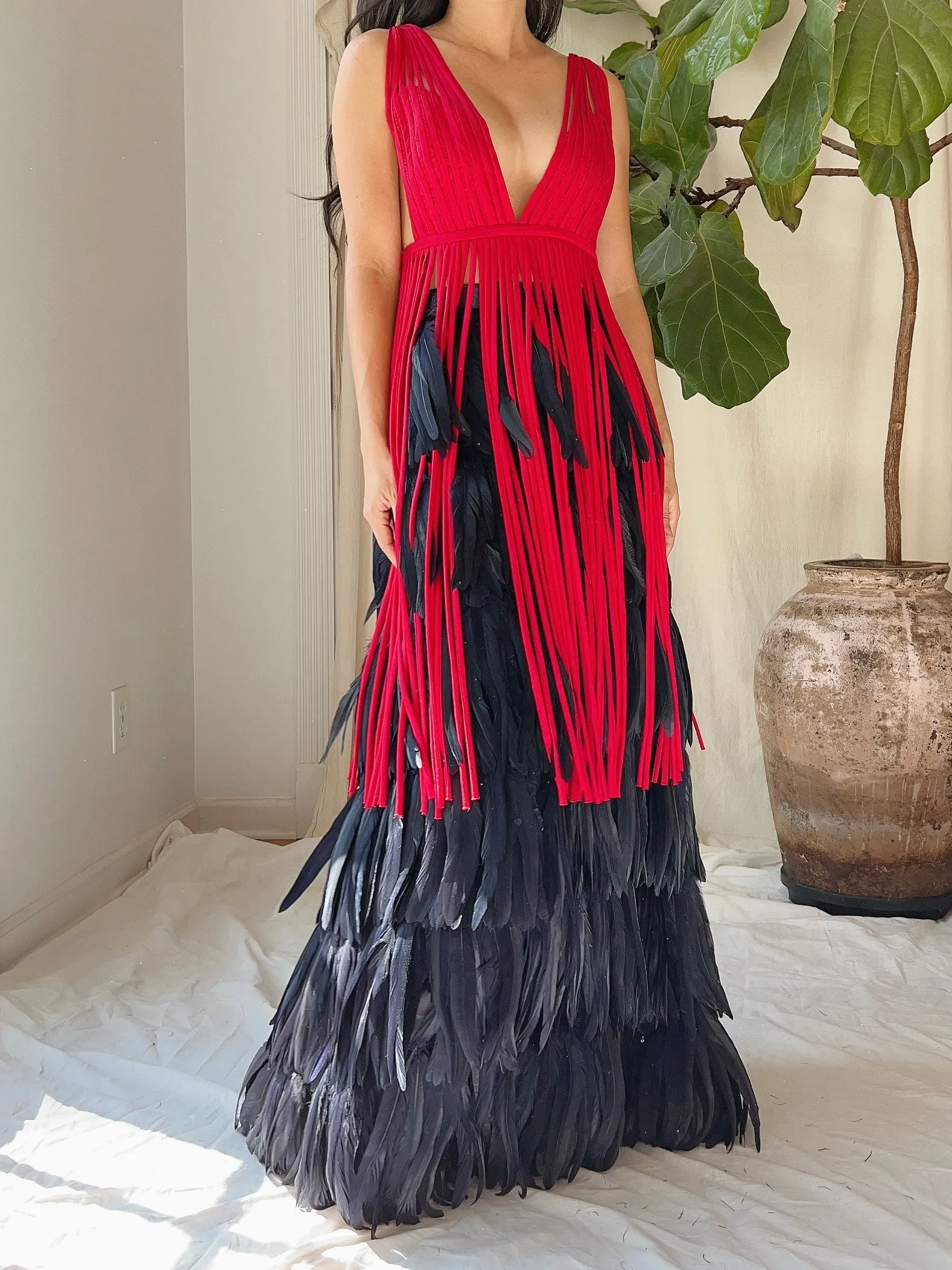 Vintage Red Tassel Plunging Tunic - M