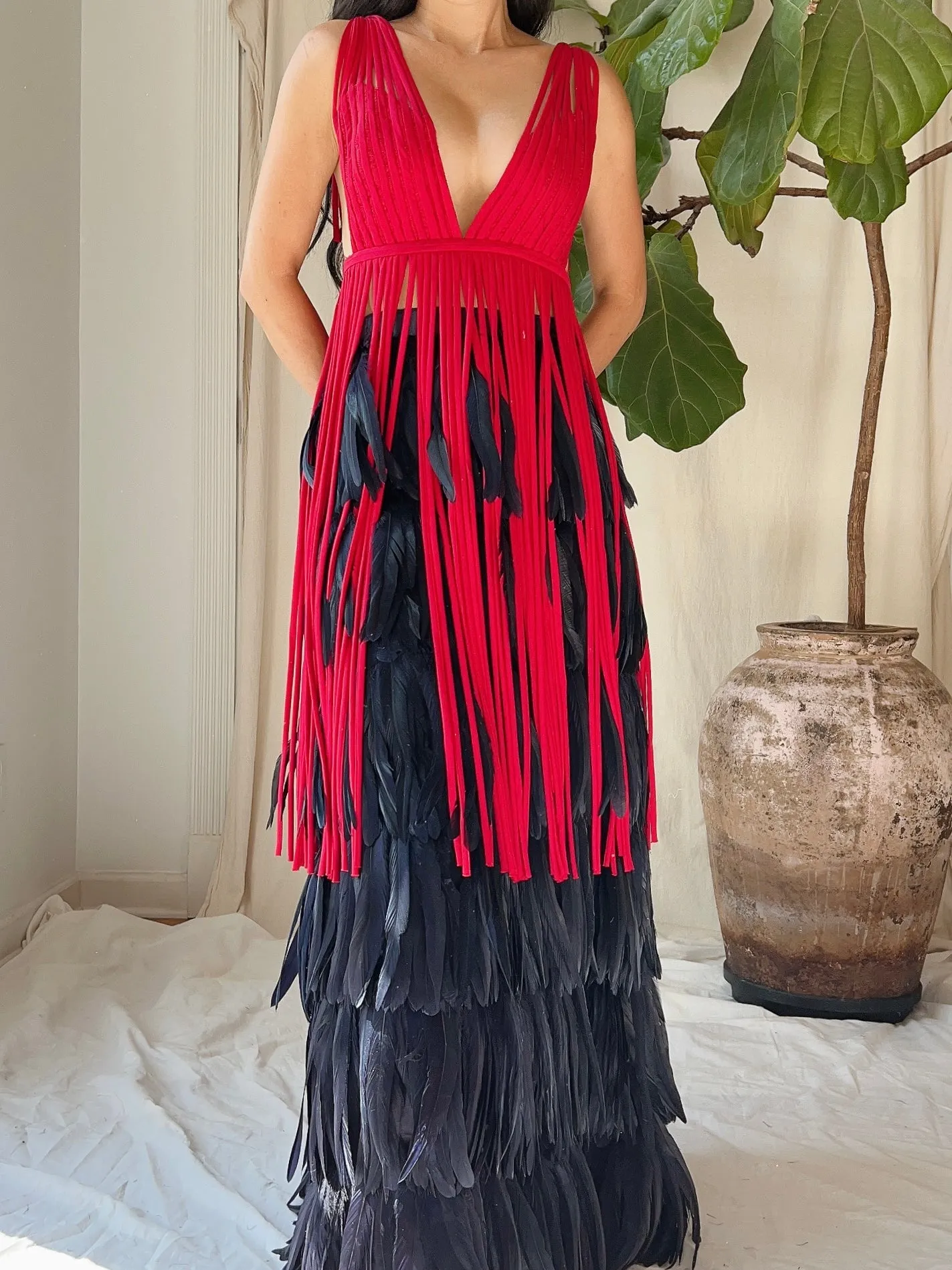 Vintage Red Tassel Plunging Tunic - M
