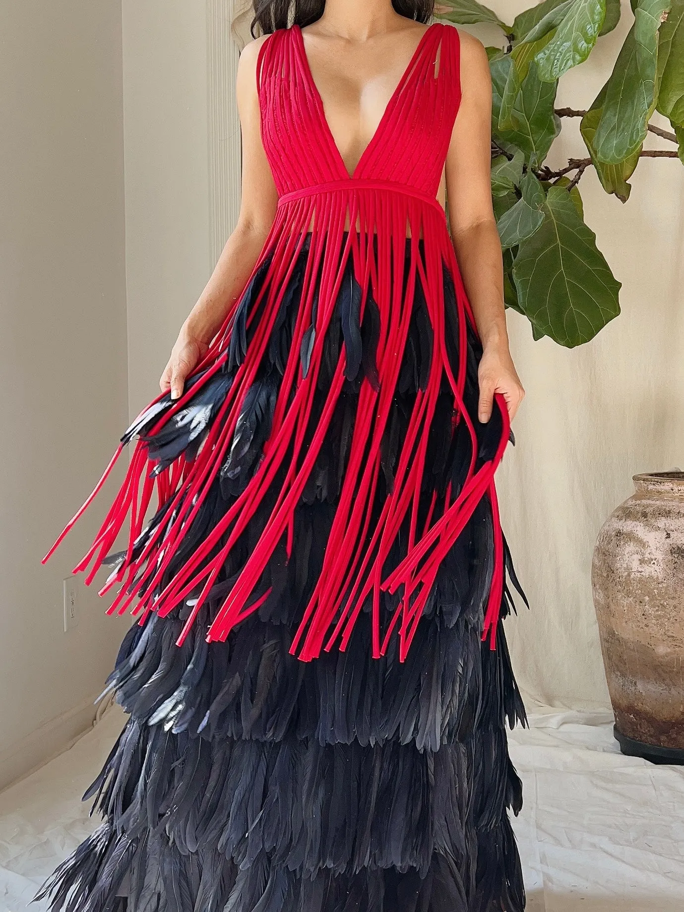 Vintage Red Tassel Plunging Tunic - M
