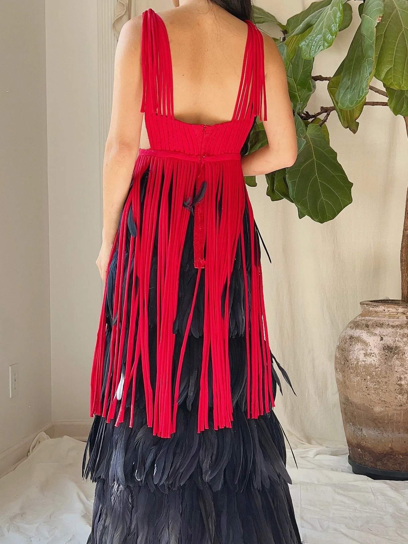 Vintage Red Tassel Plunging Tunic - M