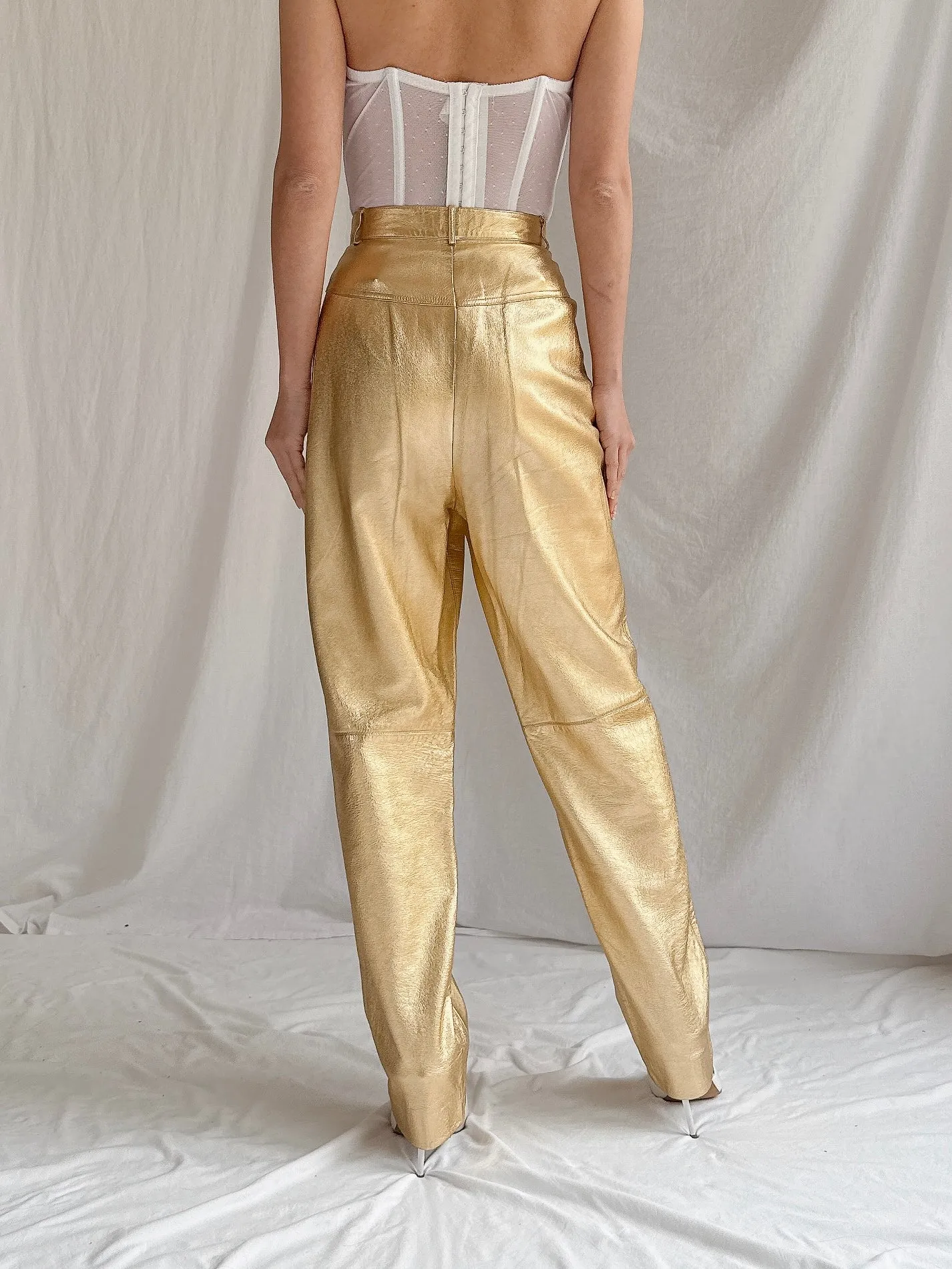 Vintage Salvatore Ferragamo Gold Leather Trousers - M