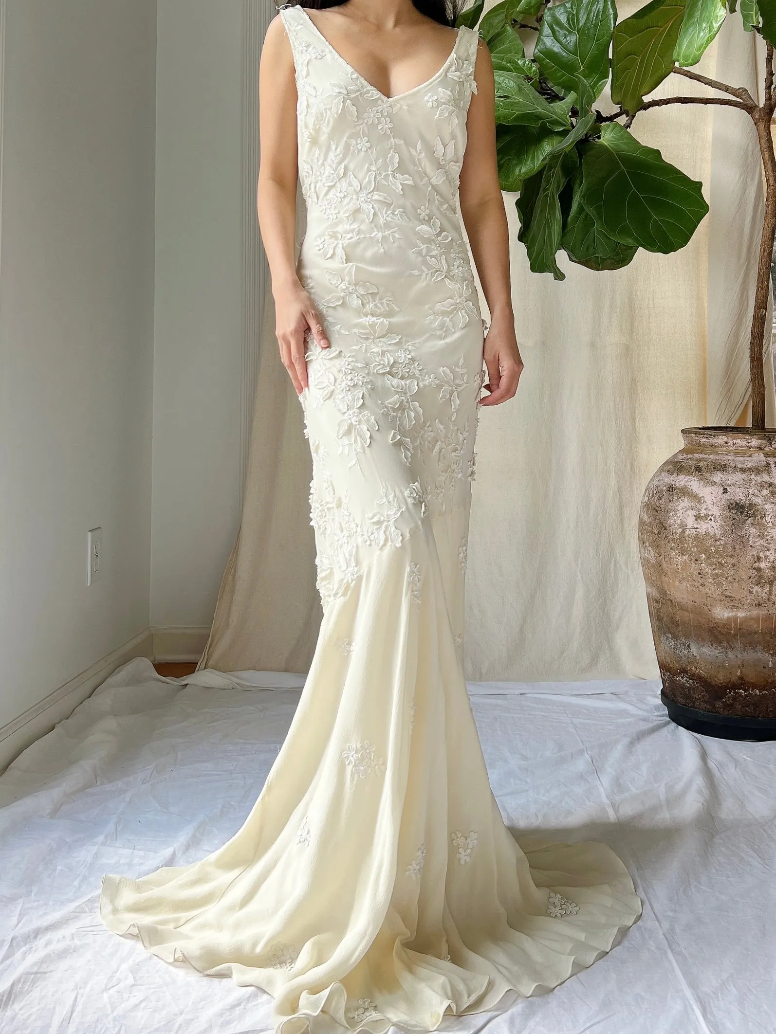 Vintage Silk Chiffon Floral Applique Gown - M