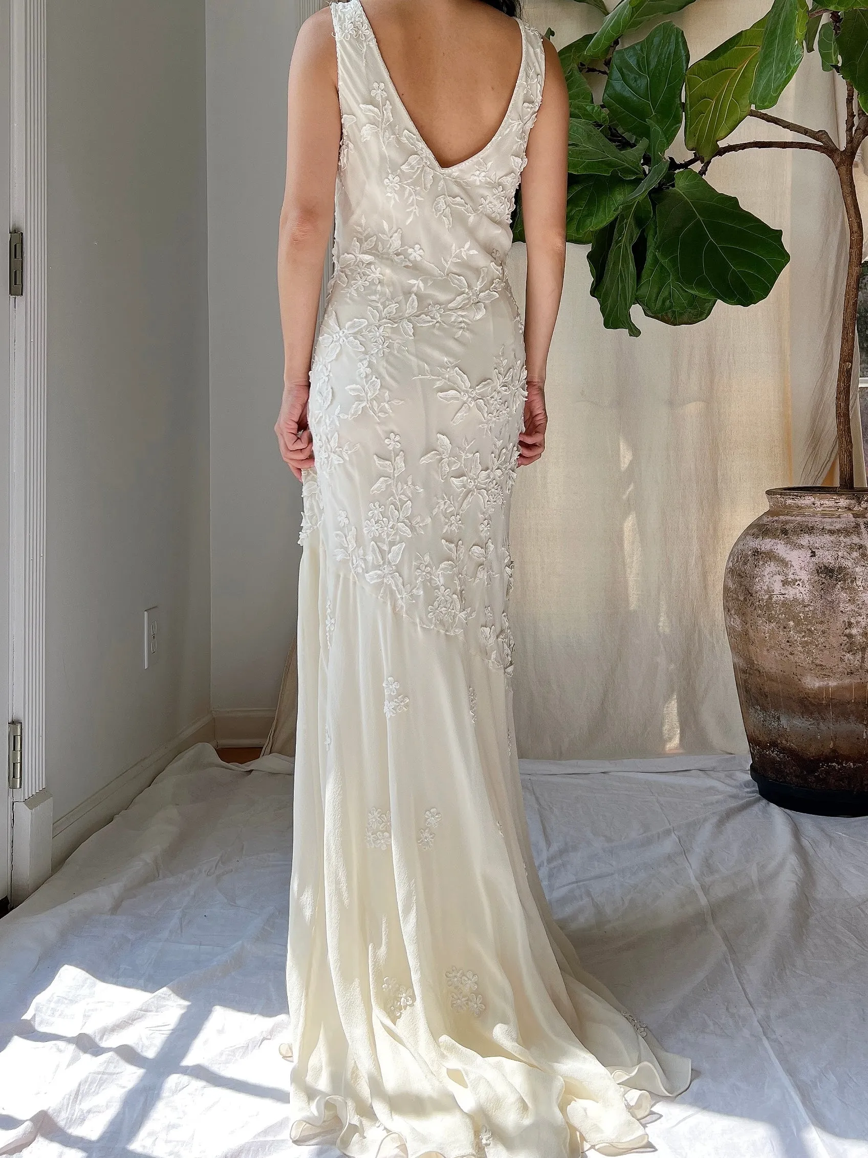 Vintage Silk Chiffon Floral Applique Gown - M
