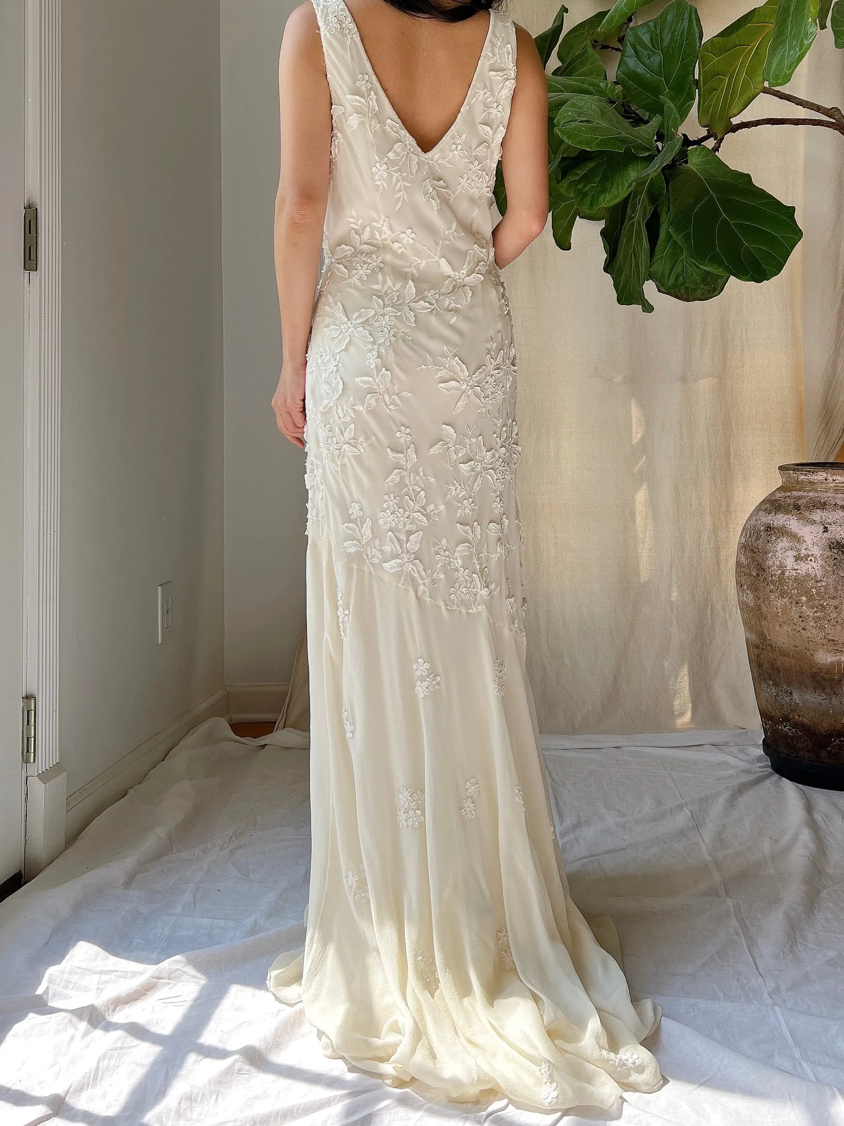 Vintage Silk Chiffon Floral Applique Gown - M