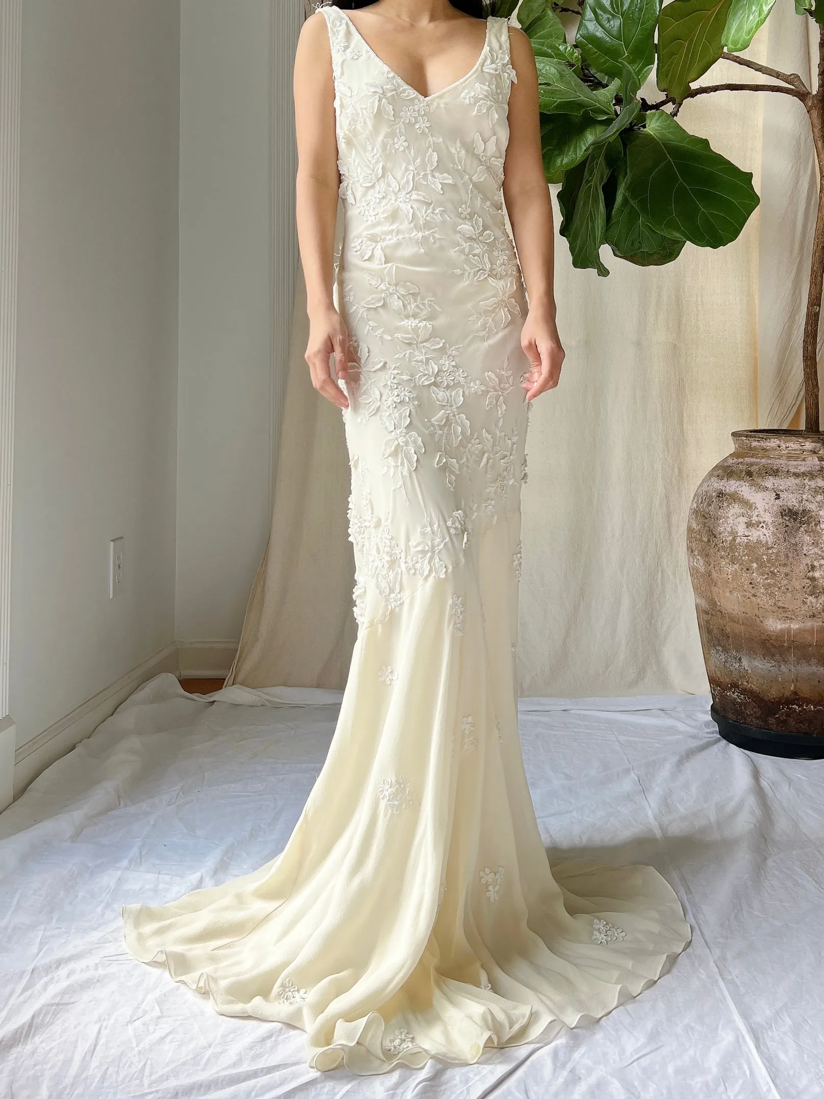 Vintage Silk Chiffon Floral Applique Gown - M