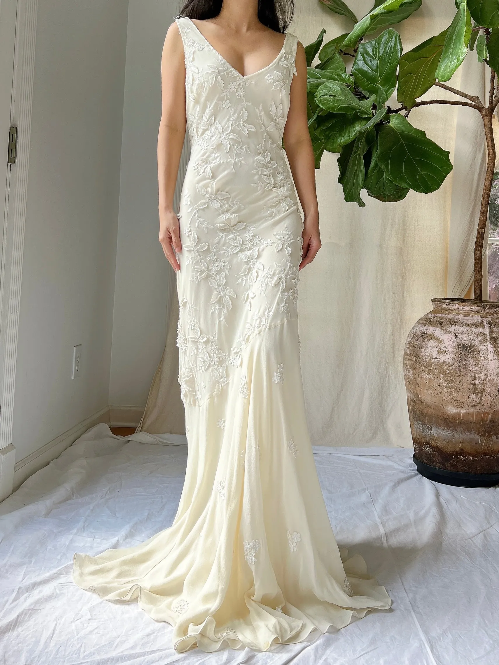 Vintage Silk Chiffon Floral Applique Gown - M