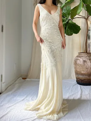 Vintage Silk Chiffon Floral Applique Gown - M