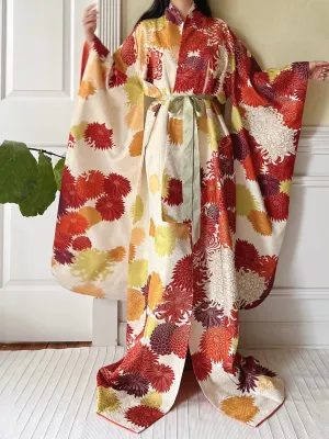 Vintage Silk Chrysanthemum Flowers Kimono - OSFM