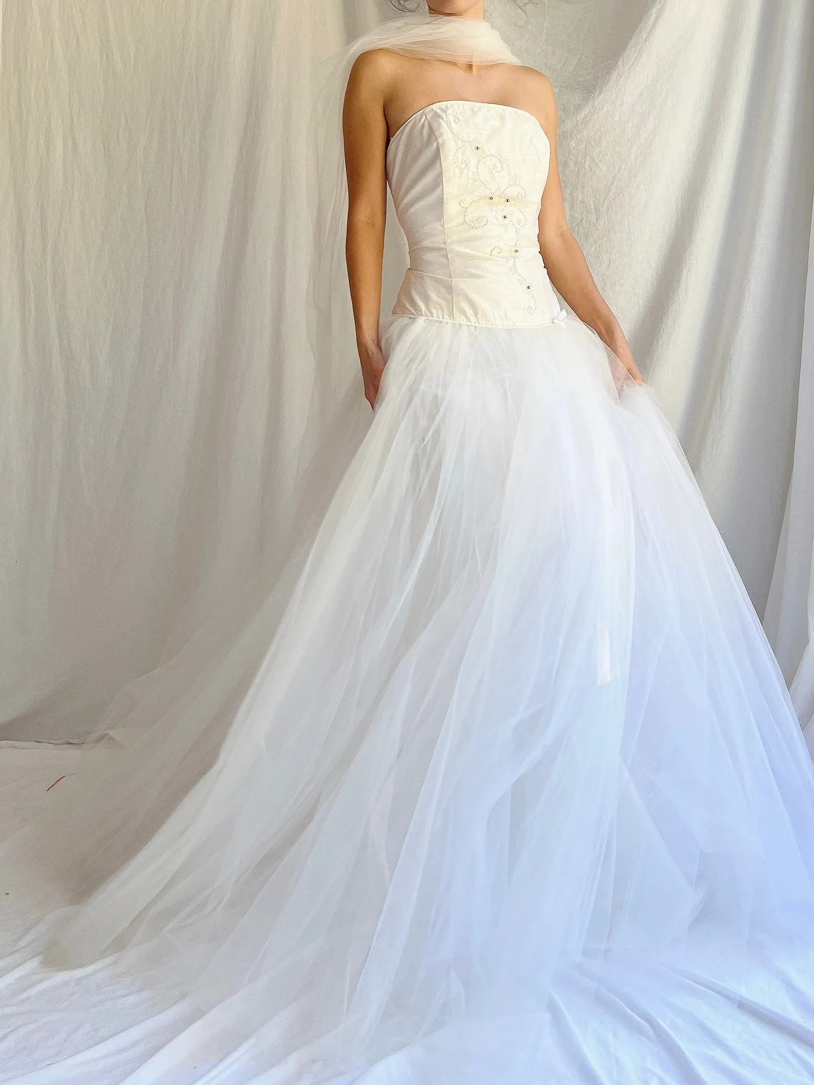 Vintage Silk Dropped Waist Tulle Gown - S