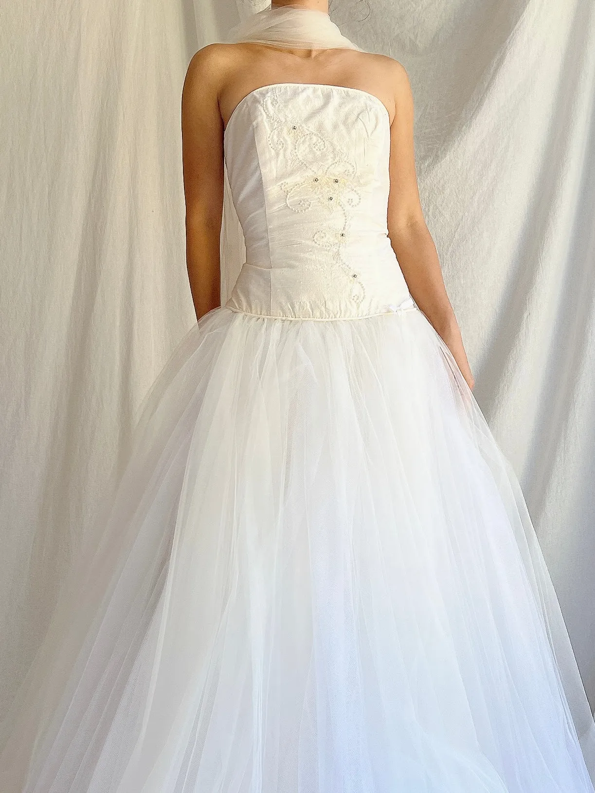 Vintage Silk Dropped Waist Tulle Gown - S