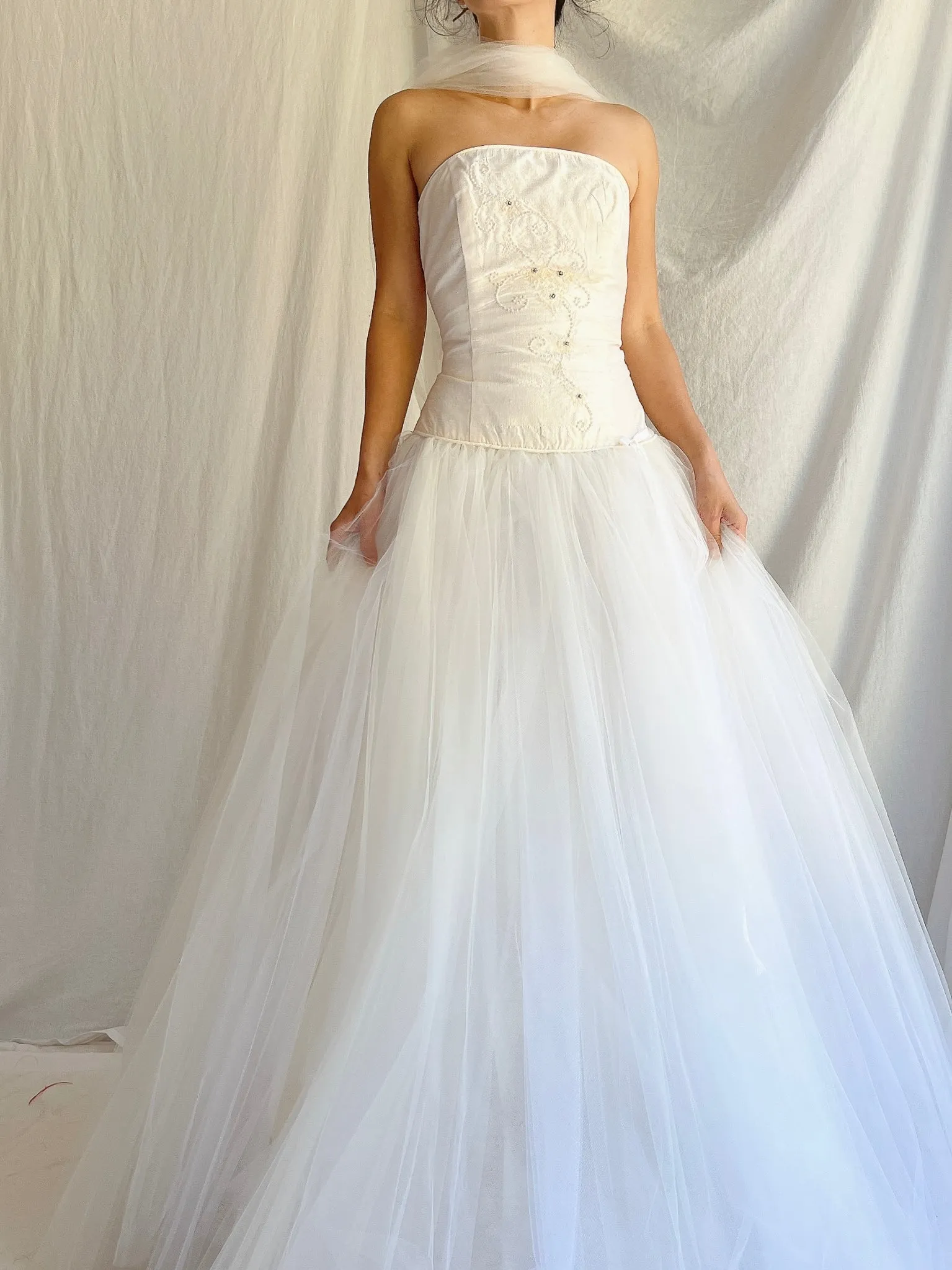 Vintage Silk Dropped Waist Tulle Gown - S