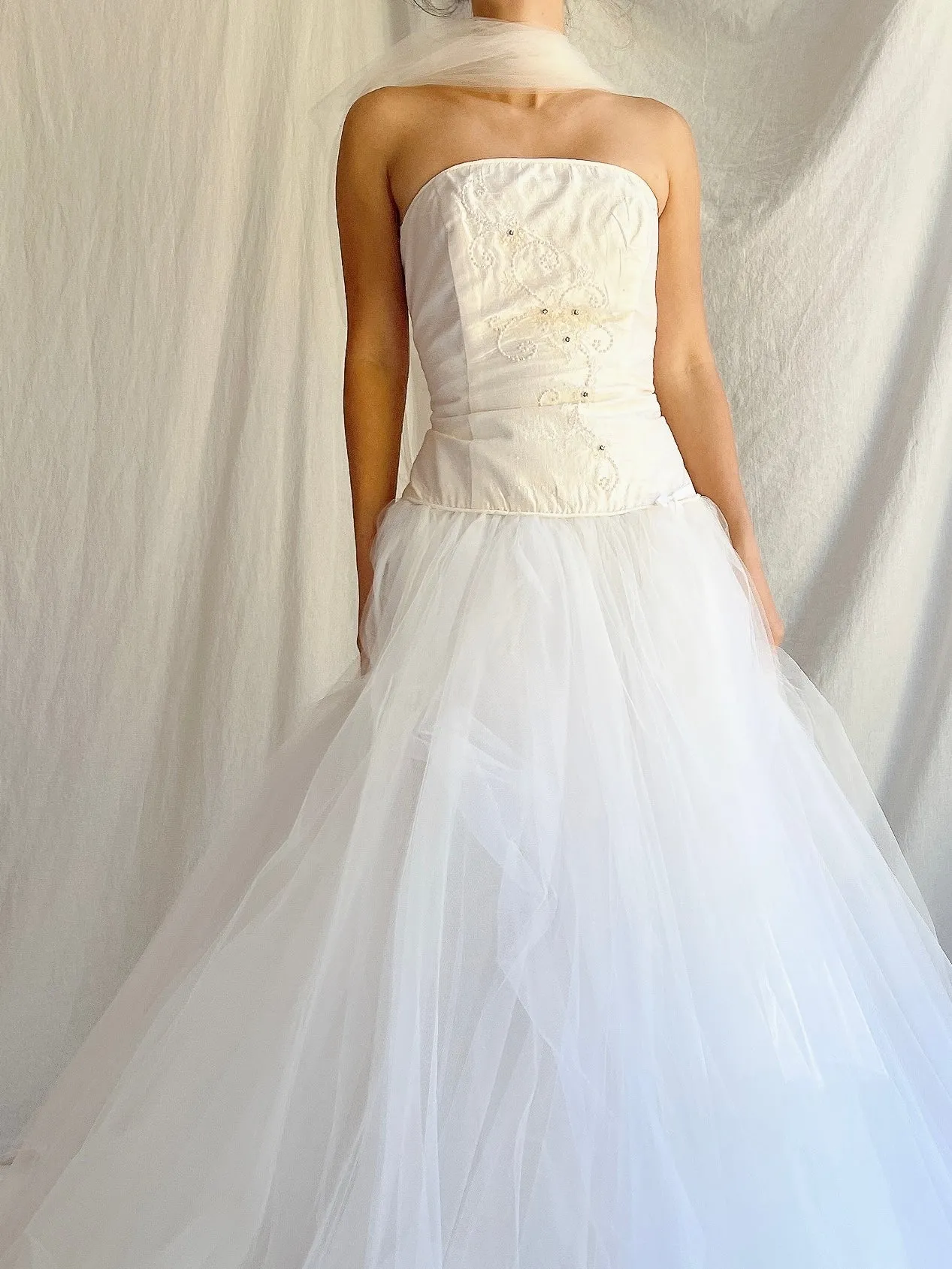 Vintage Silk Dropped Waist Tulle Gown - S