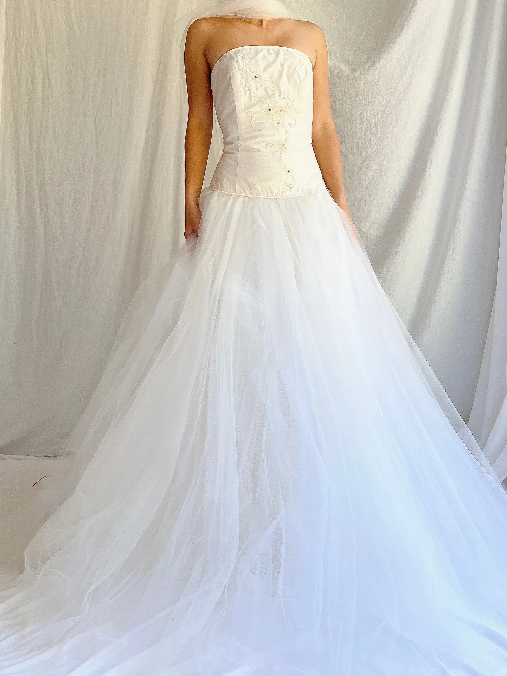 Vintage Silk Dropped Waist Tulle Gown - S