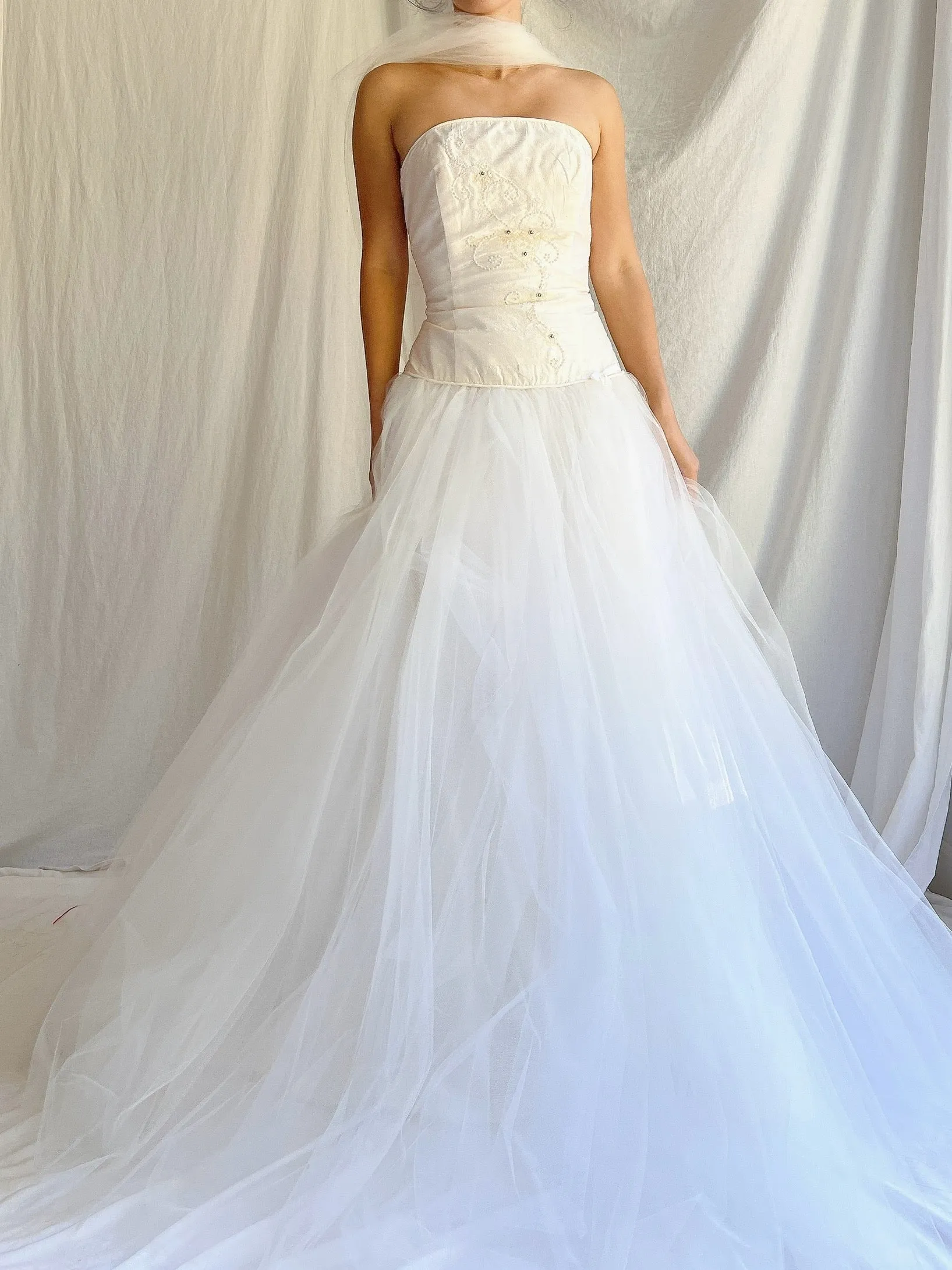 Vintage Silk Dropped Waist Tulle Gown - S