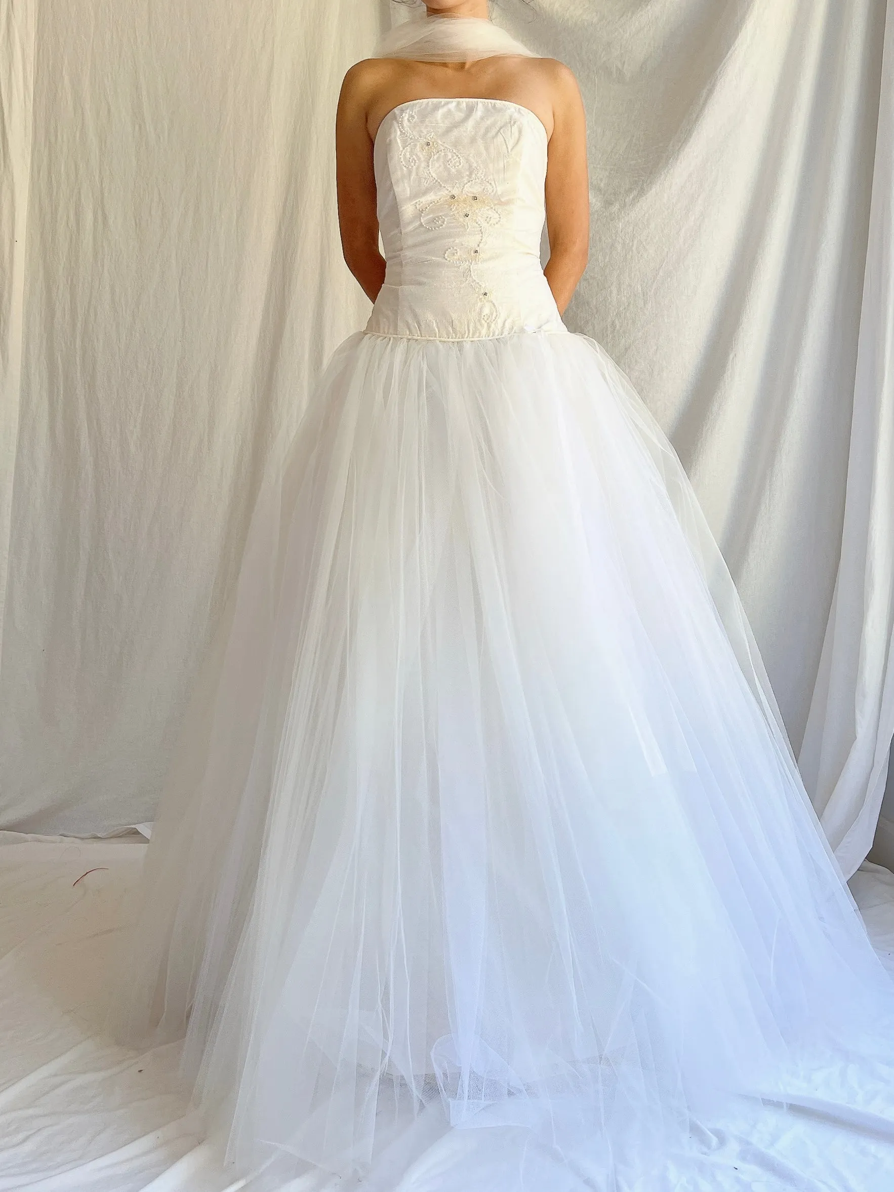 Vintage Silk Dropped Waist Tulle Gown - S
